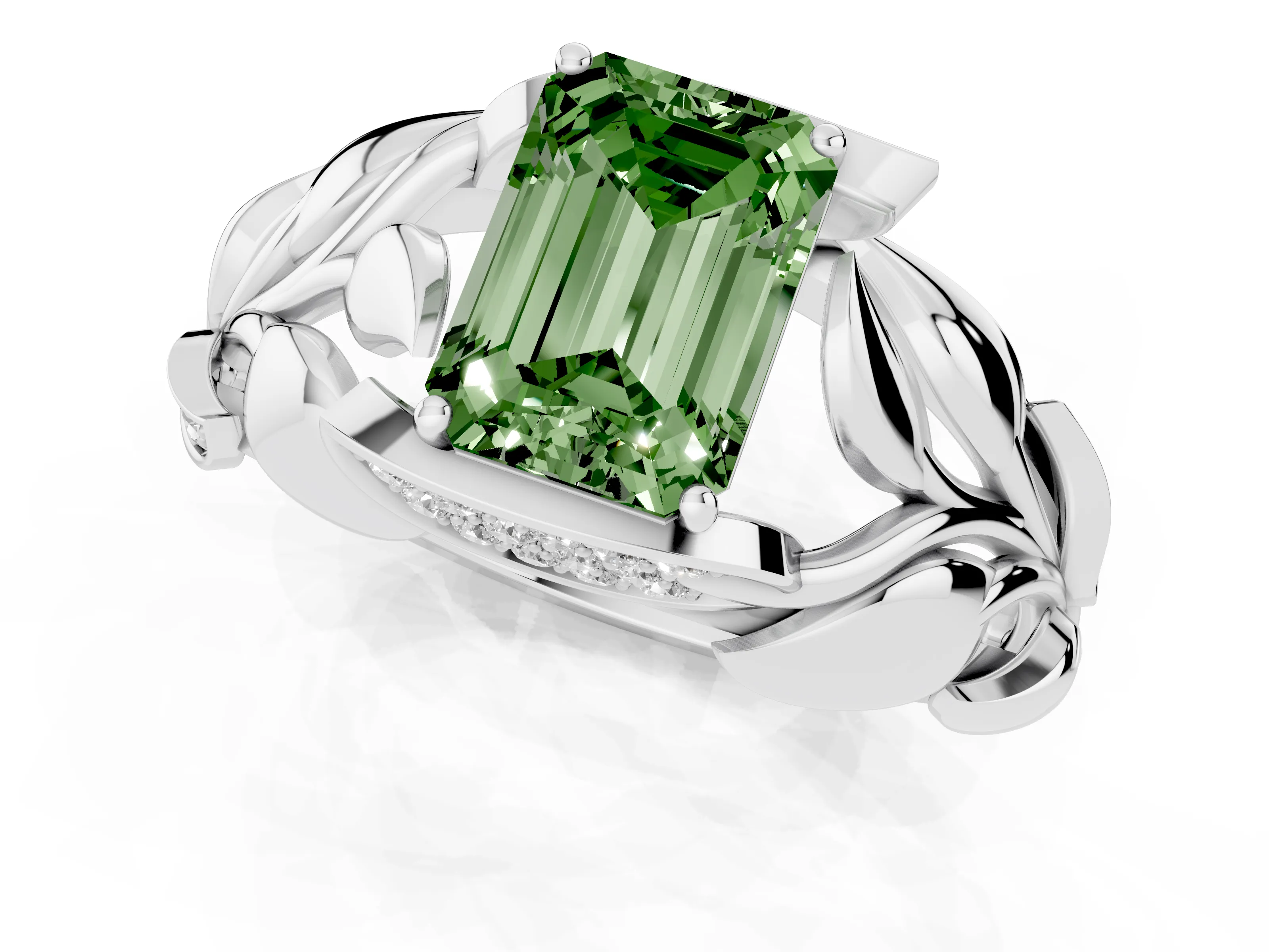 Fancy Green Emerald Cut Diamond Leaf-Inspired Engagement Ring Set in White gold with Round Accents