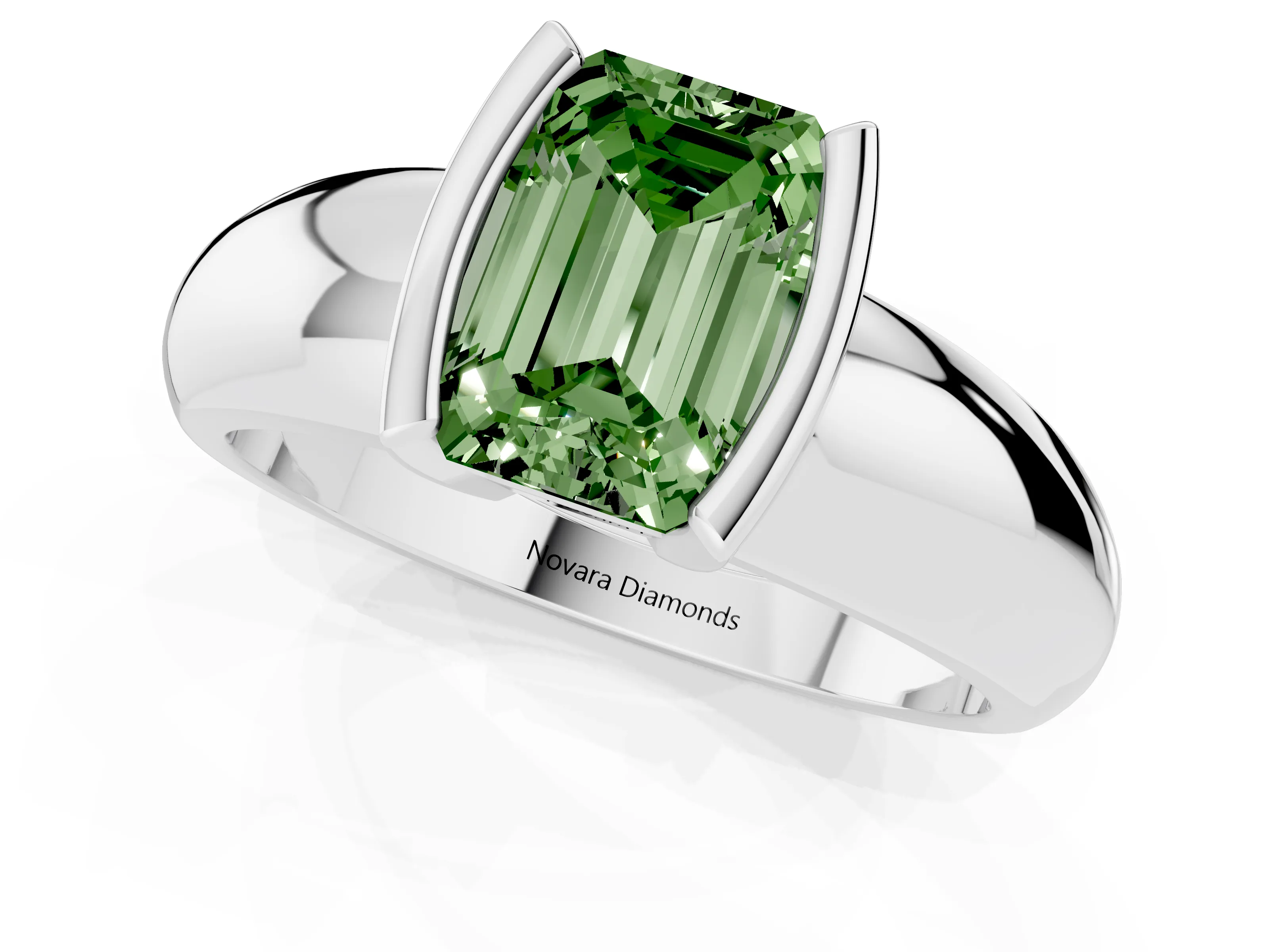 Fancy Green Emerald Cut Diamond Solitaire Tension Set Ring Set in White gold with Wide Band