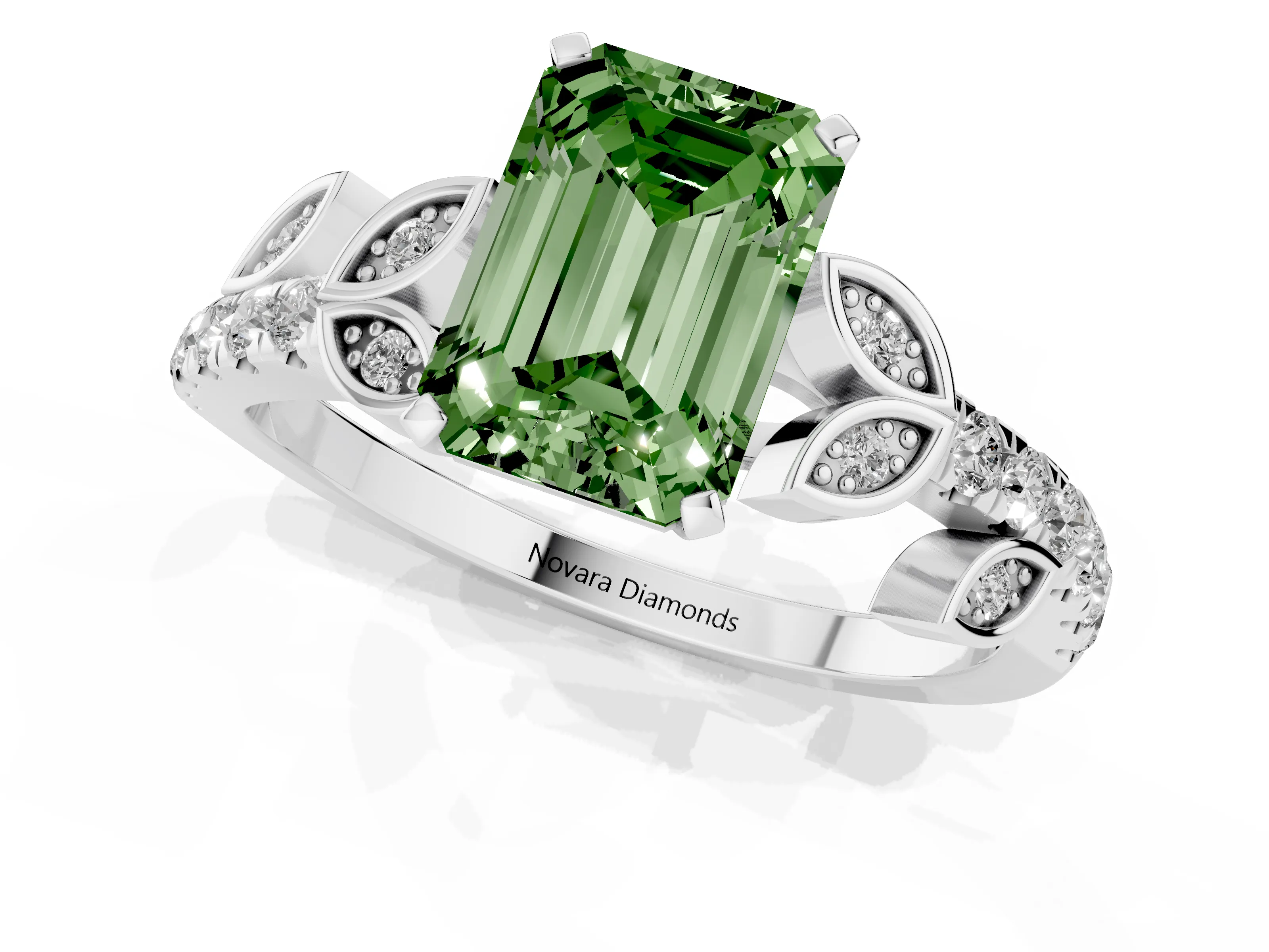 Fancy Green Emerald Cut Diamond Solitaire Leaf-Inspired Ring Set in Silver with Pavé Band and Prong Setting