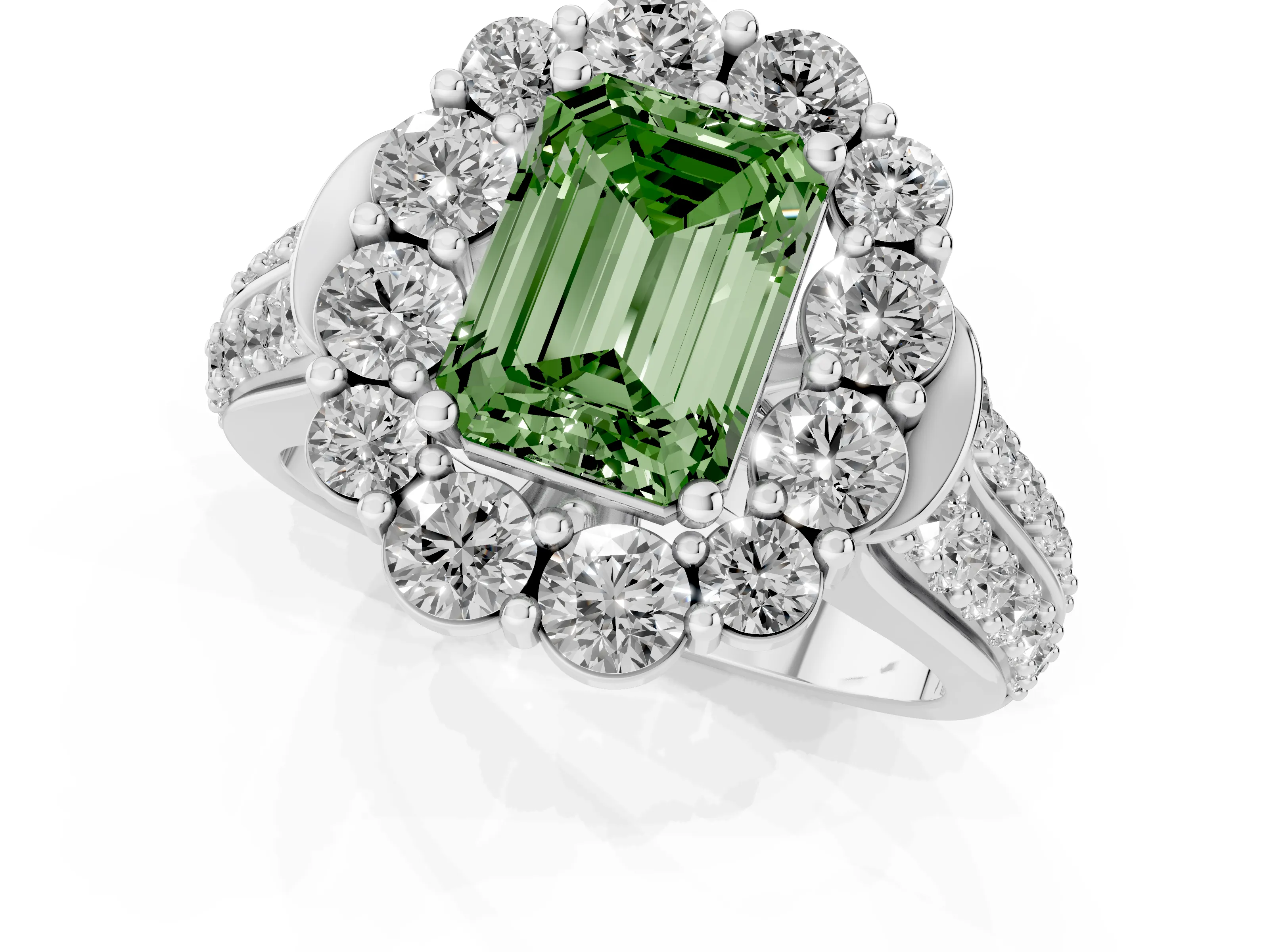 Fancy Green Emerald Cut Diamond Halo Engagement Ring Set in Silver with Split Shank and Prong Setting
