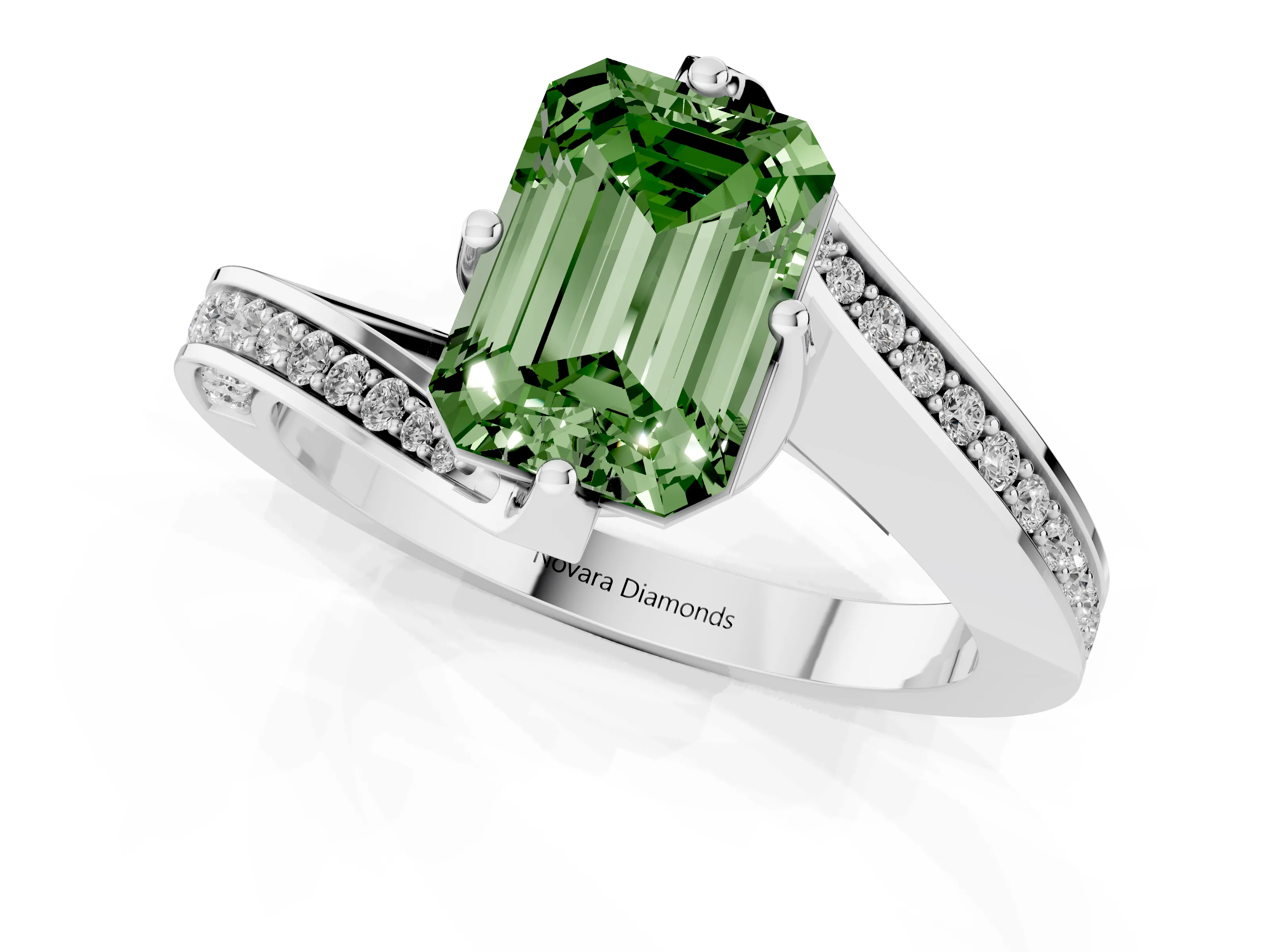 Fancy Green Emerald Cut Diamond Solitaire Ring Set in Platinum with Intertwined Pavé Twist Band