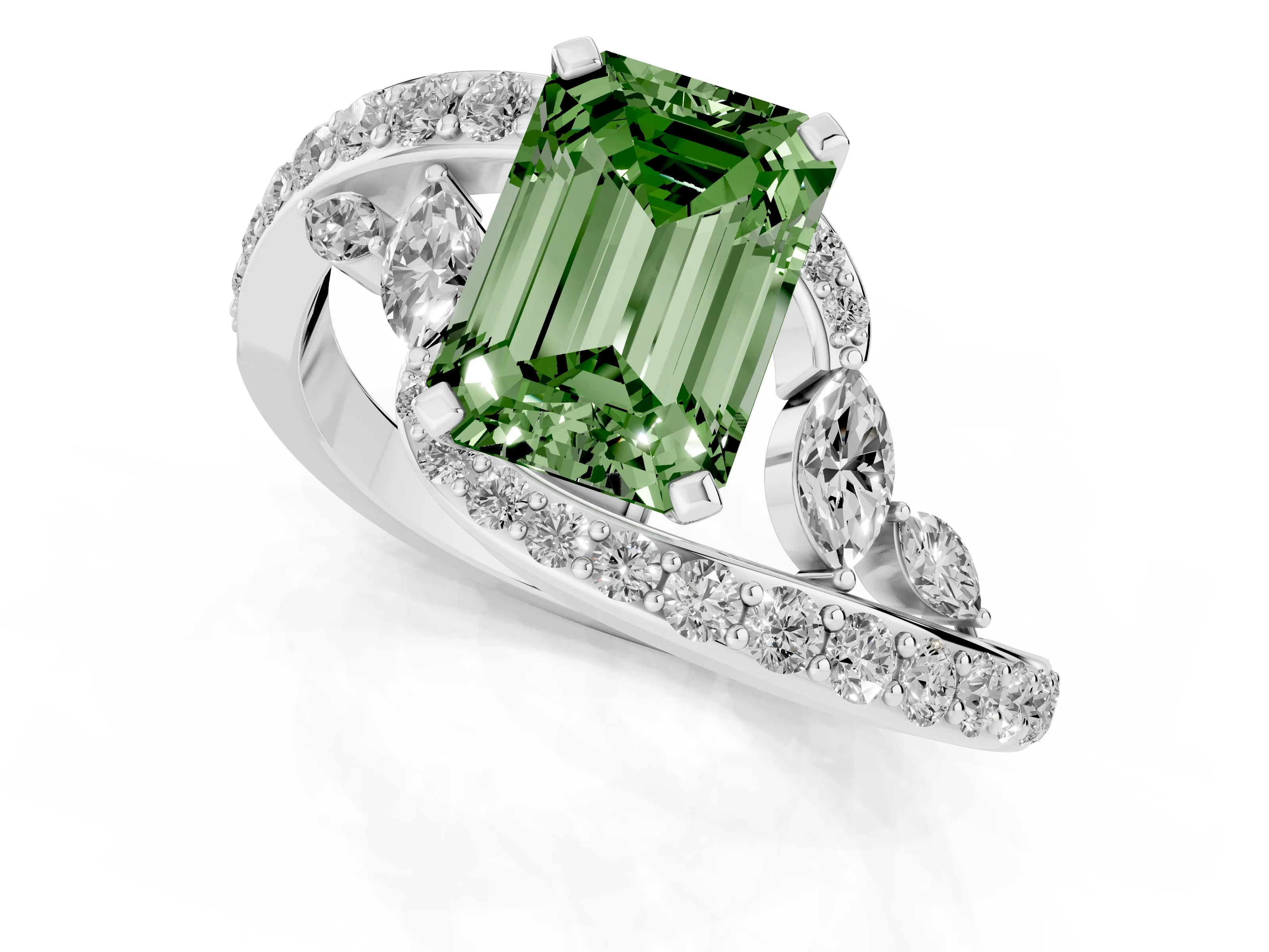 Fancy Green Emerald Cut Diamond Solitaire Ring Set in Platinum with Pavé Twist Band and Secure Prong Setting