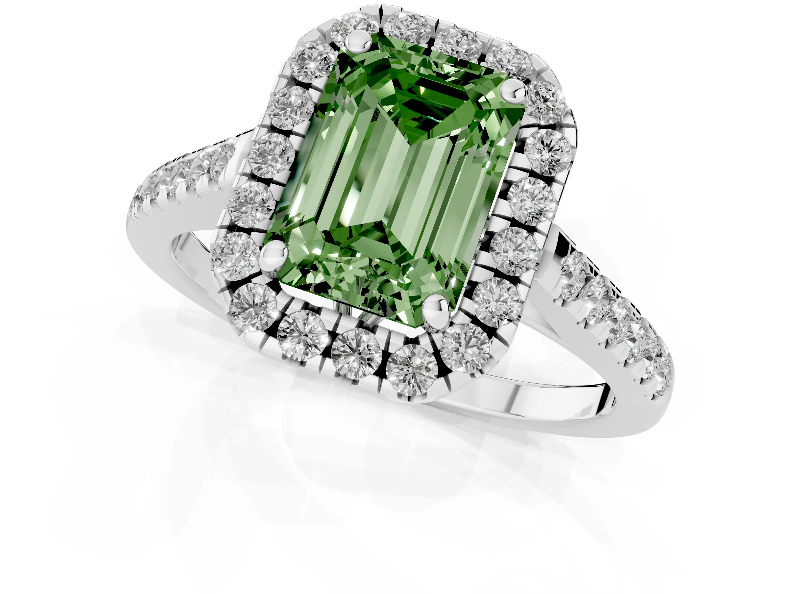 Fancy Green Emerald Cut Diamond Pavé Halo Engagement Ring Set in Platinum with Pavé Band and Prong Setting