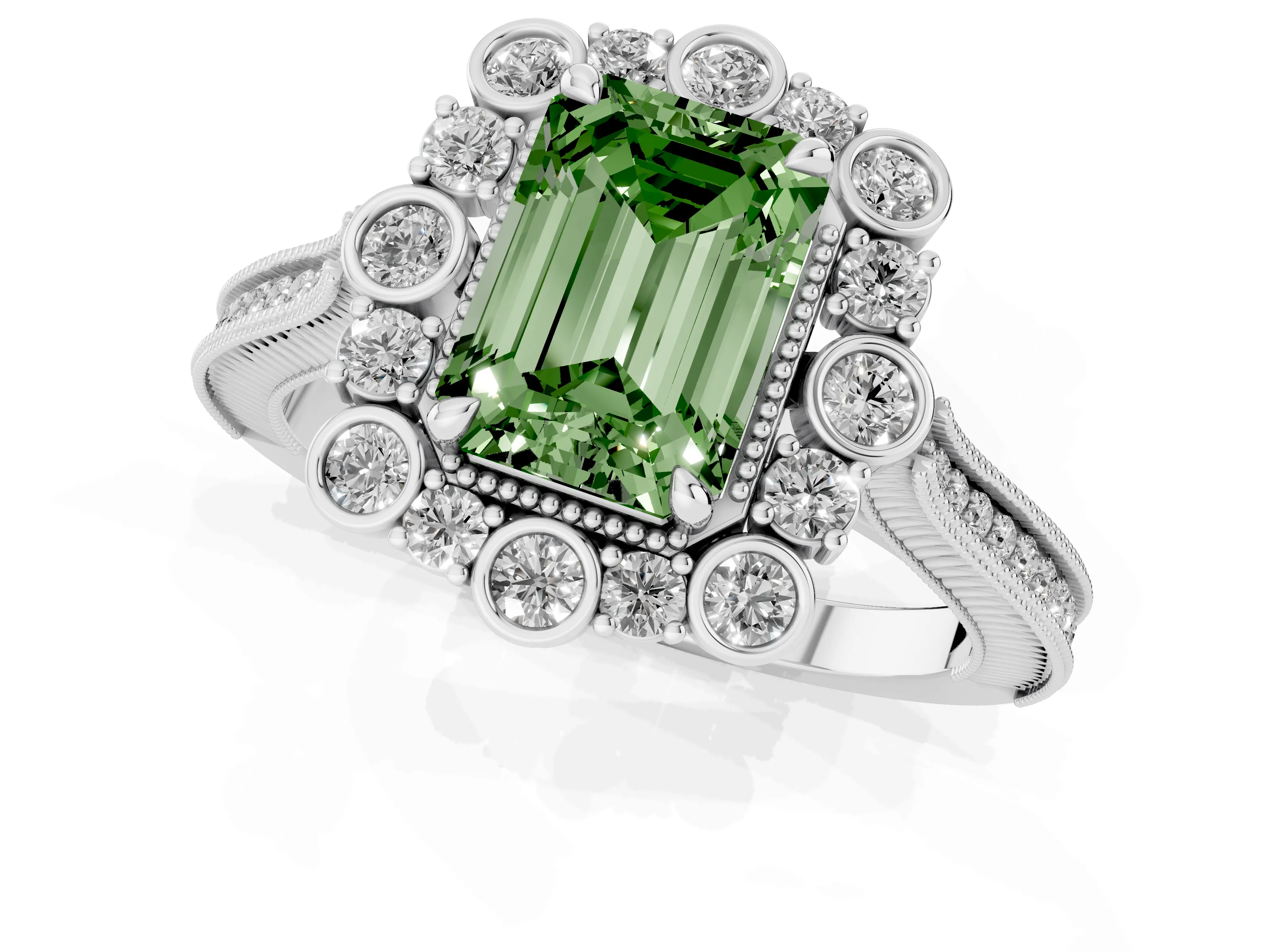 Fancy Green Emerald Cut Diamond Halo Milgrain Pavé Ring Set in White gold with Prong Setting