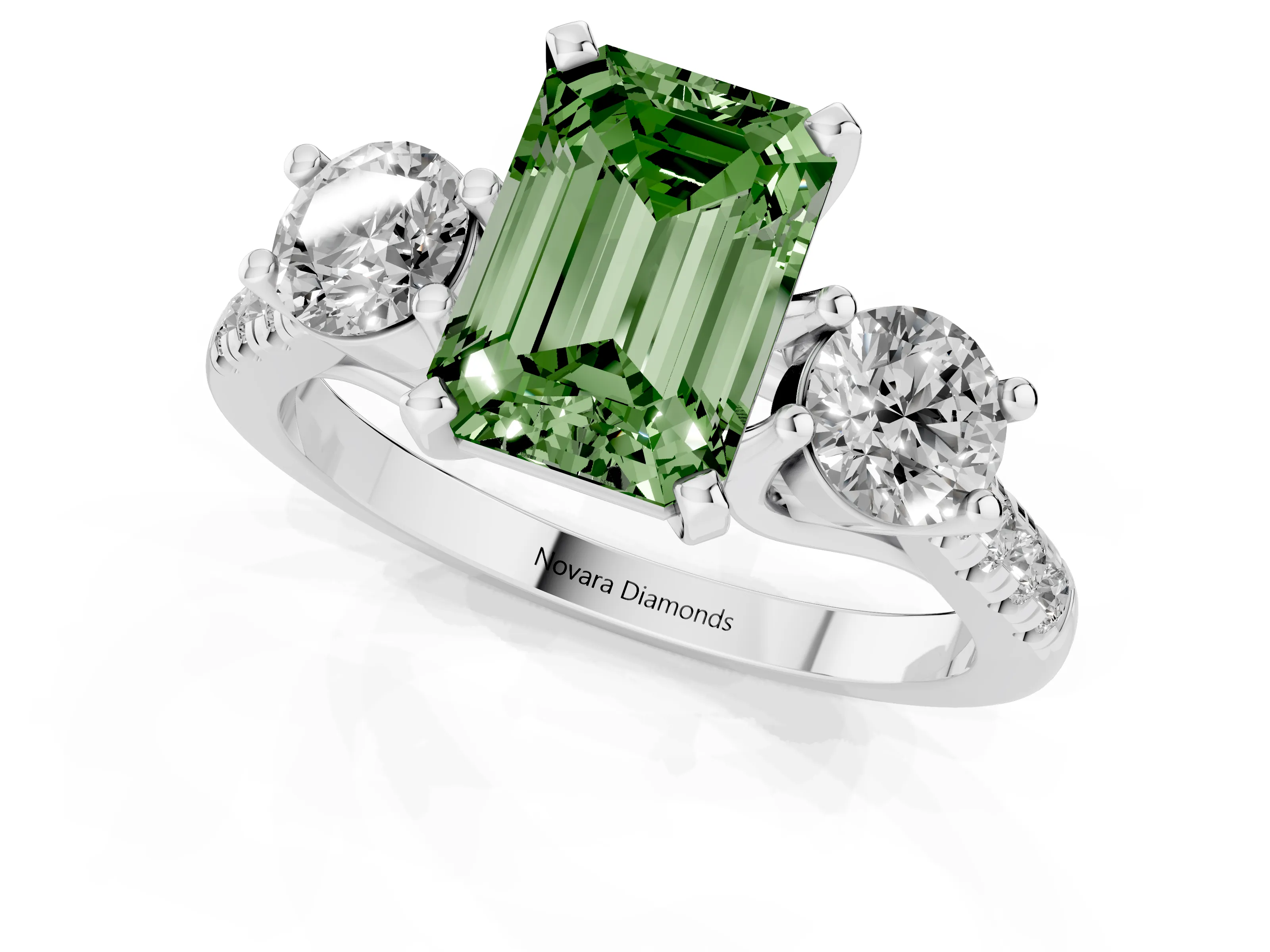 Fancy Green Three-Stone Emerald Cut Diamond Pavé Band Ring Set in Silver with Prong-Set Trio