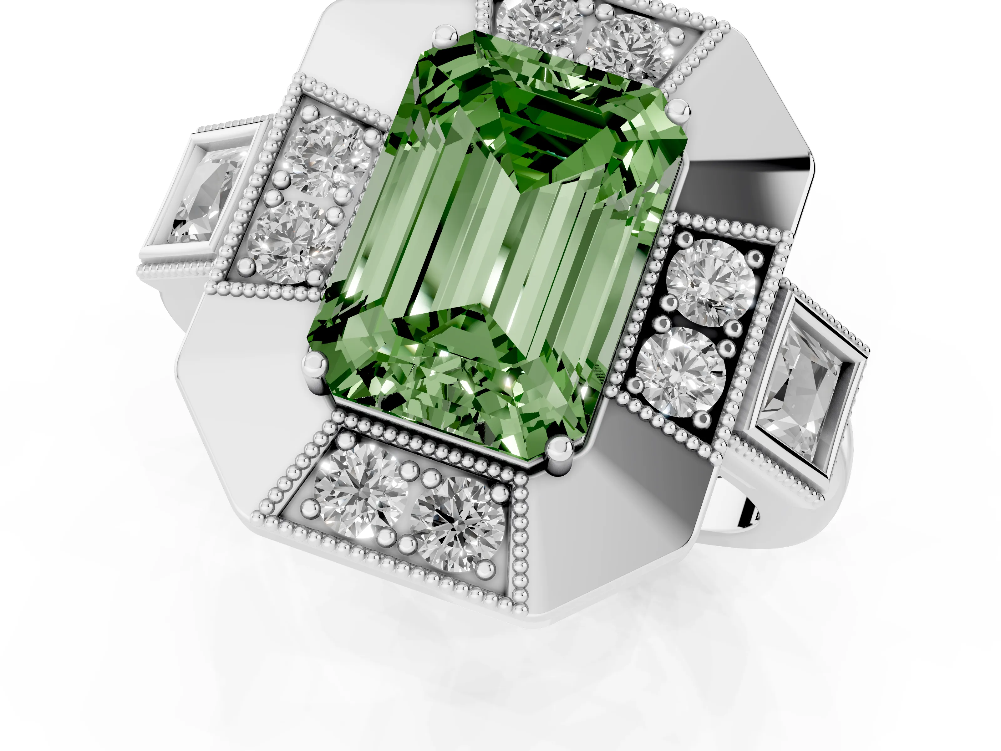 Fancy Green Emerald Cut Diamond Milgrain Halo Ring Set in Silver with Split Shank