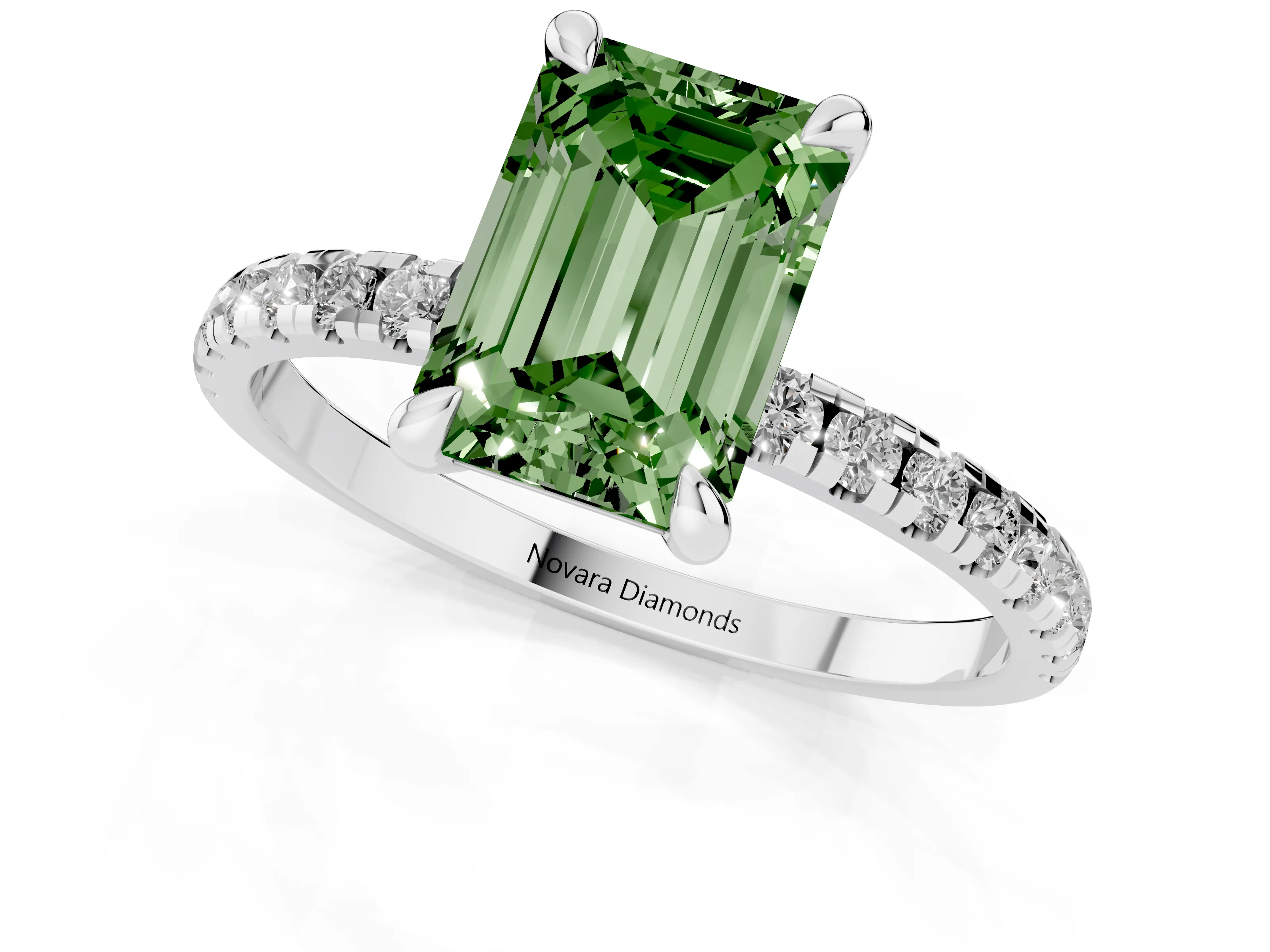 Fancy Green Emerald Cut Diamond Brilliant Solitaire Ring Set in White gold with Pavé Band and Prong Setting