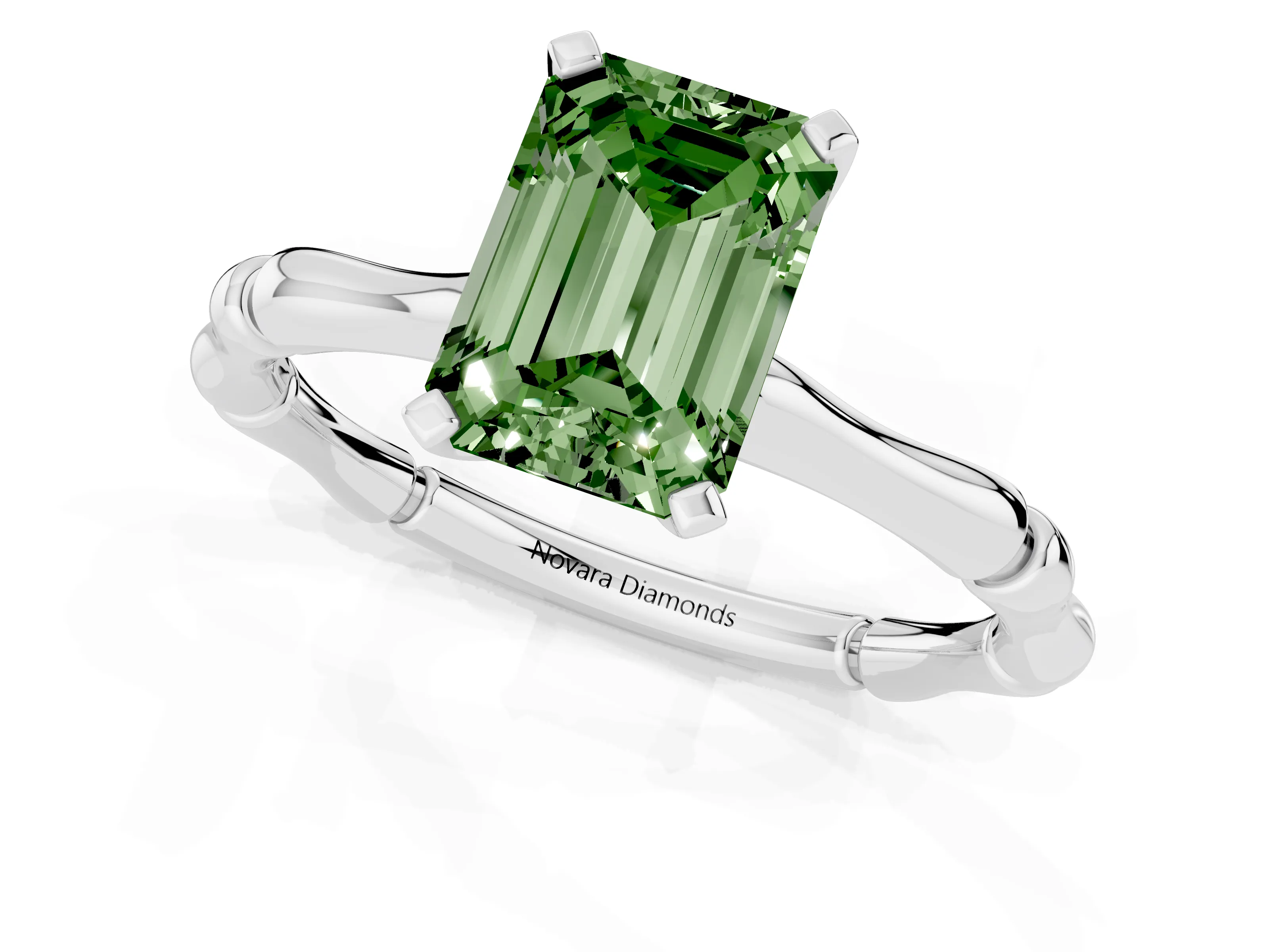 Fancy Green Emerald Cut Diamond Solitaire Ring Set in Platinum with Bamboo Band and Prong Setting
