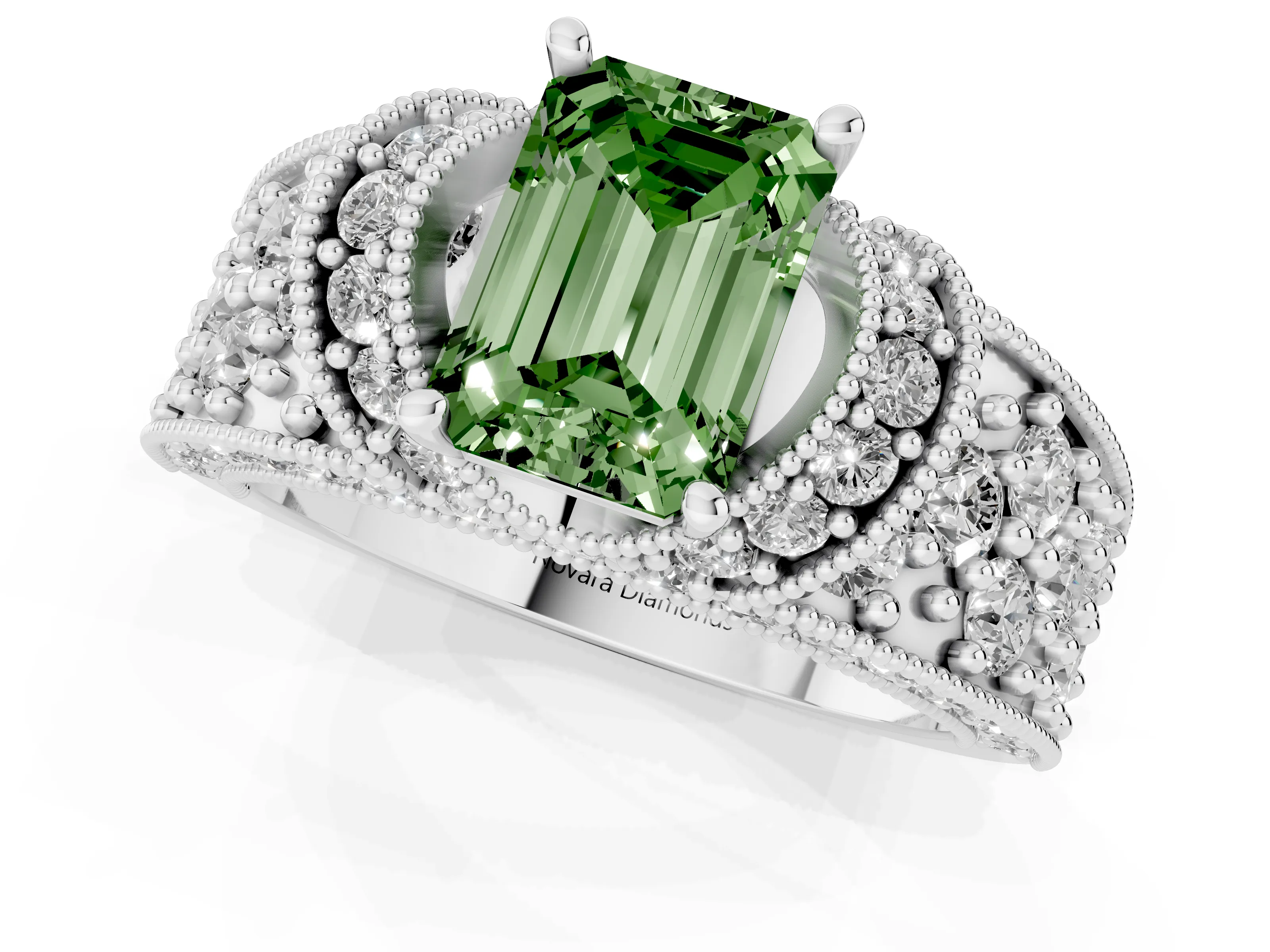 Fancy Green Emerald Cut Diamond Milgrain Halo Pavé Engagement Ring Set in Silver with Prong Setting