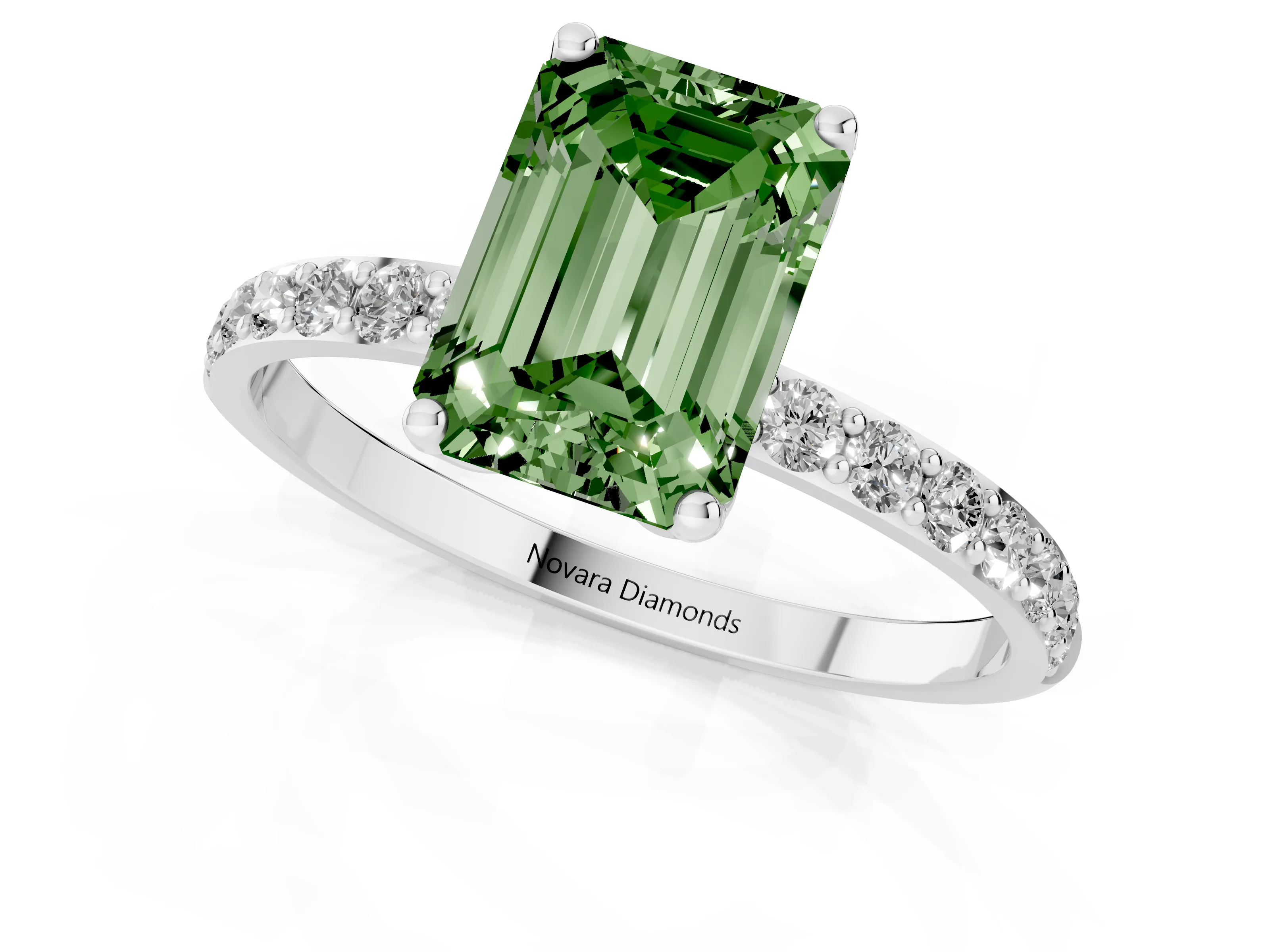 Fancy Green Emerald Cut Diamond Solitaire Engagement Ring Set in Platinum with Round Pavé Band and Prong Setting