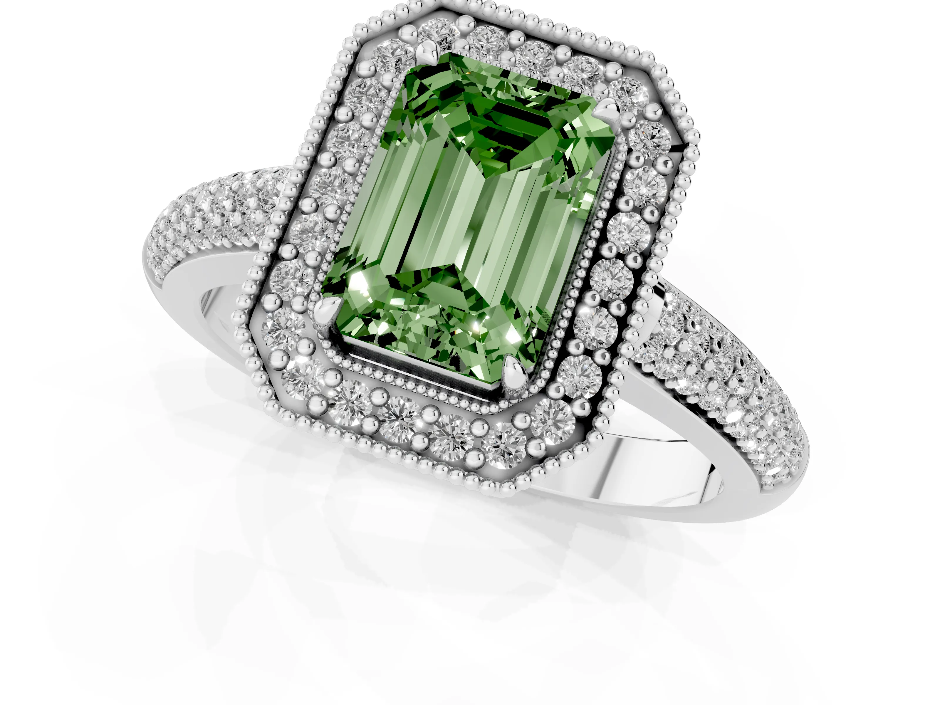 Fancy Green Emerald Cut Diamond Halo Pavé Band Set in Platinum with Prong Setting