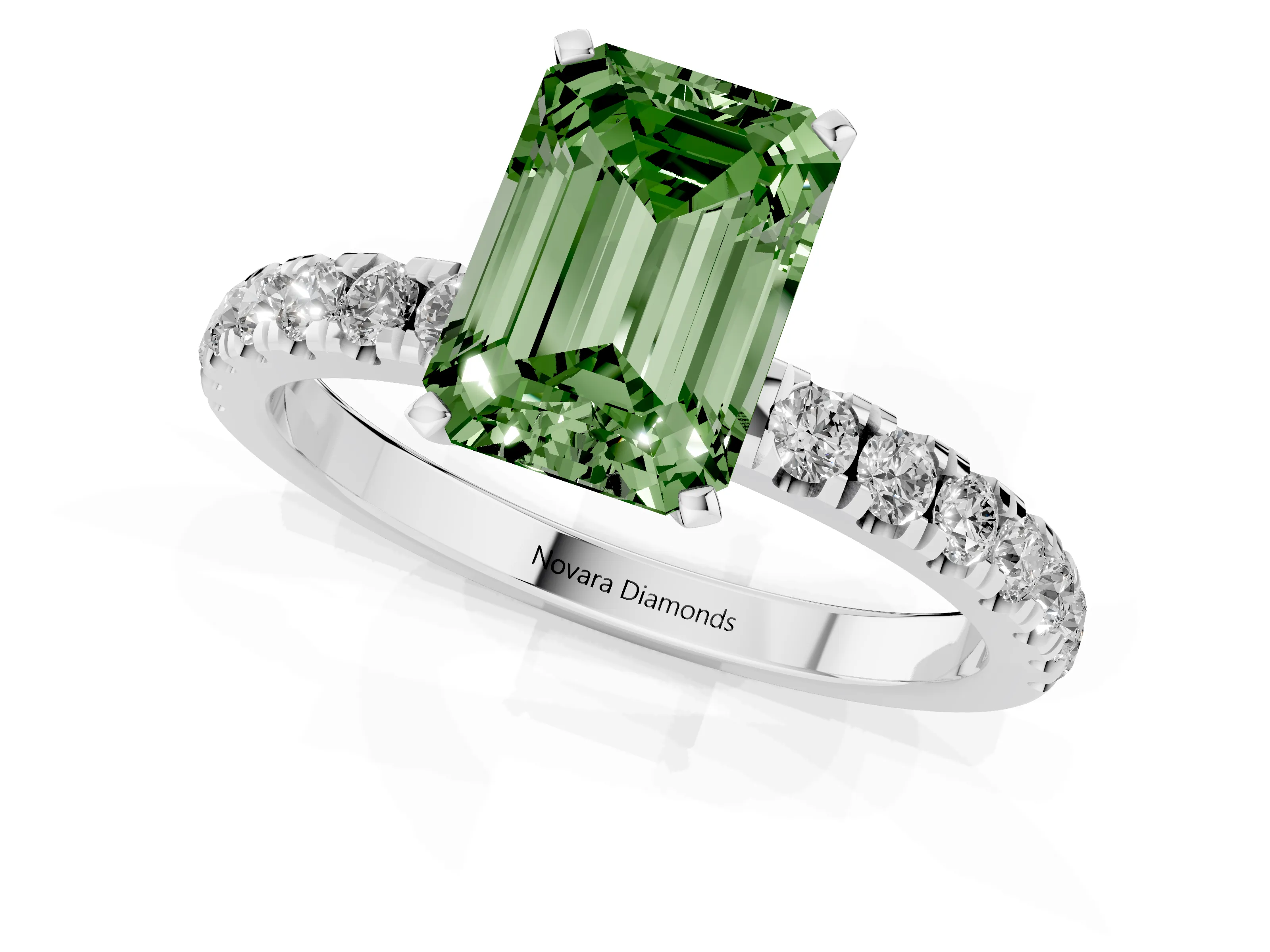 Fancy Green Emerald Cut Diamond Solitaire Ring Set in Platinum with Pavé Accents and Prong Setting