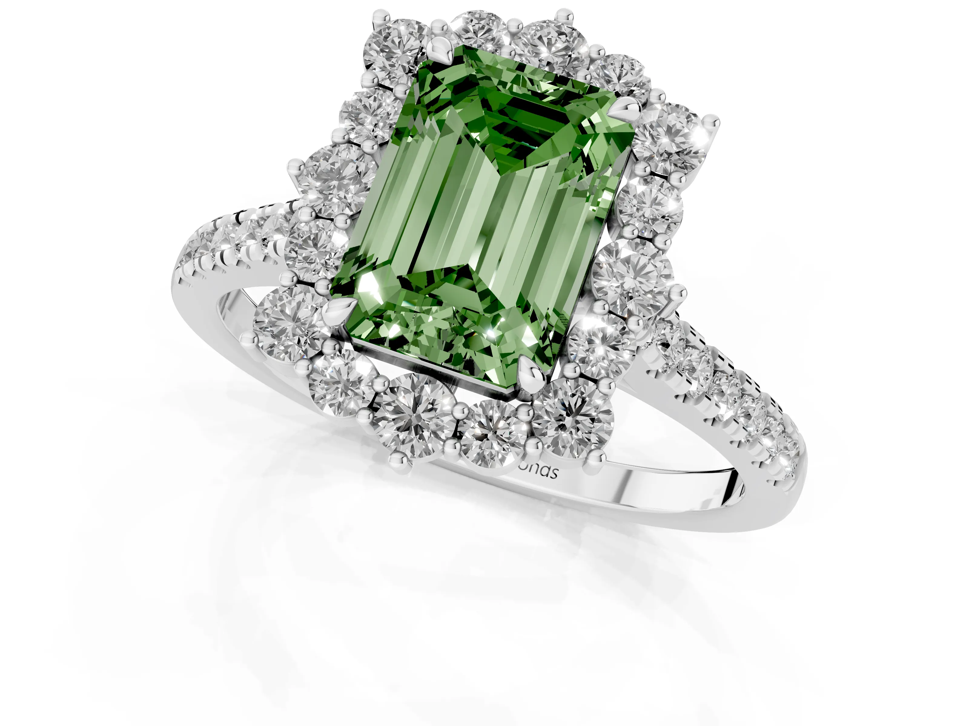Fancy Green Emerald Cut Diamond Halo Ring Set in Platinum with Pavé Band and Prong Setting