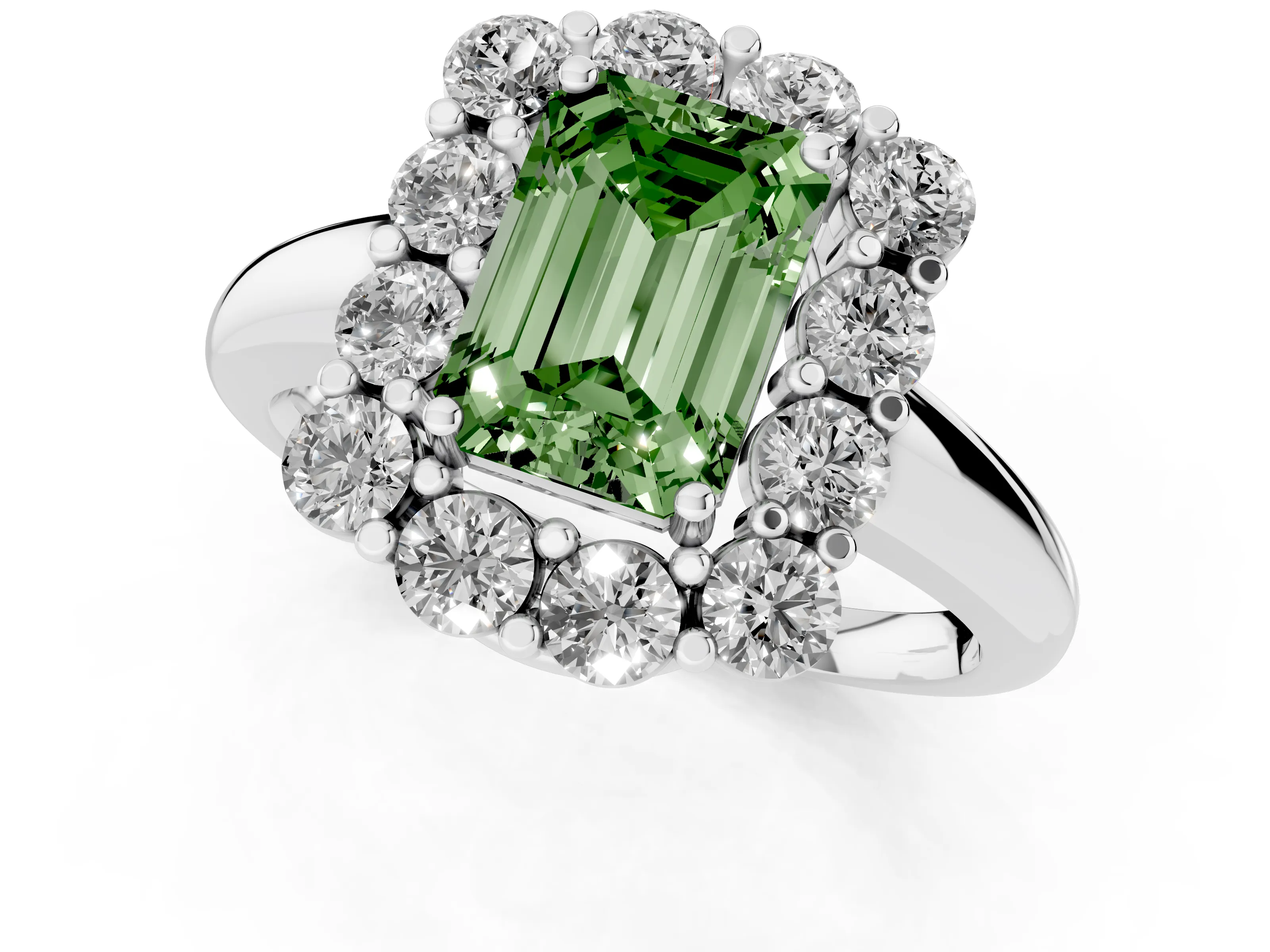 Fancy Green Emerald Cut Diamond Halo Cluster Engagement Ring Set in Silver with Polished Band and Prong Setting