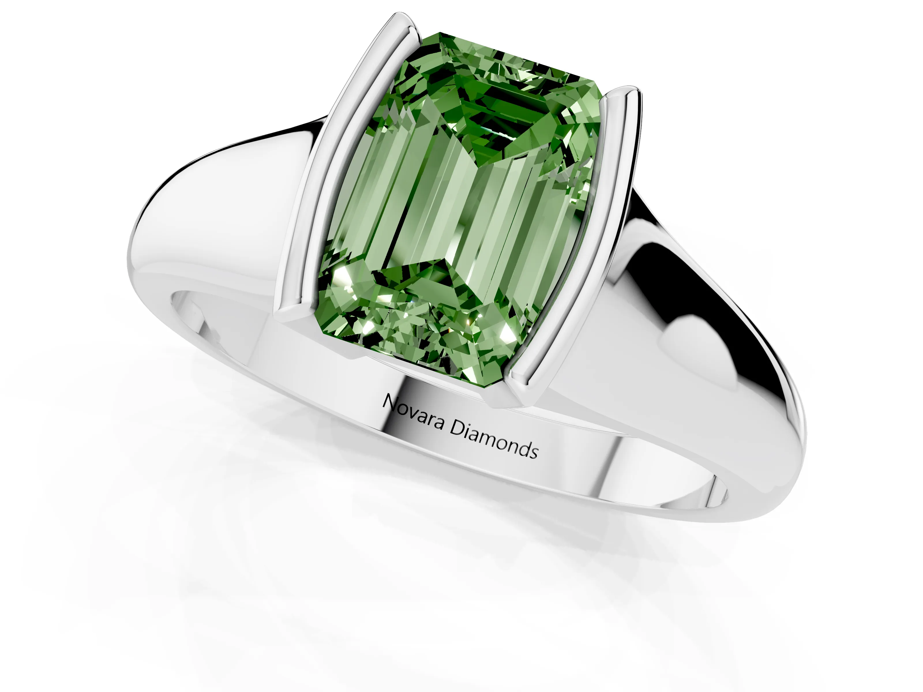 Fancy Green Emerald Cut Diamond Solitaire Tension Set Ring Set in White gold with Split Shank Band