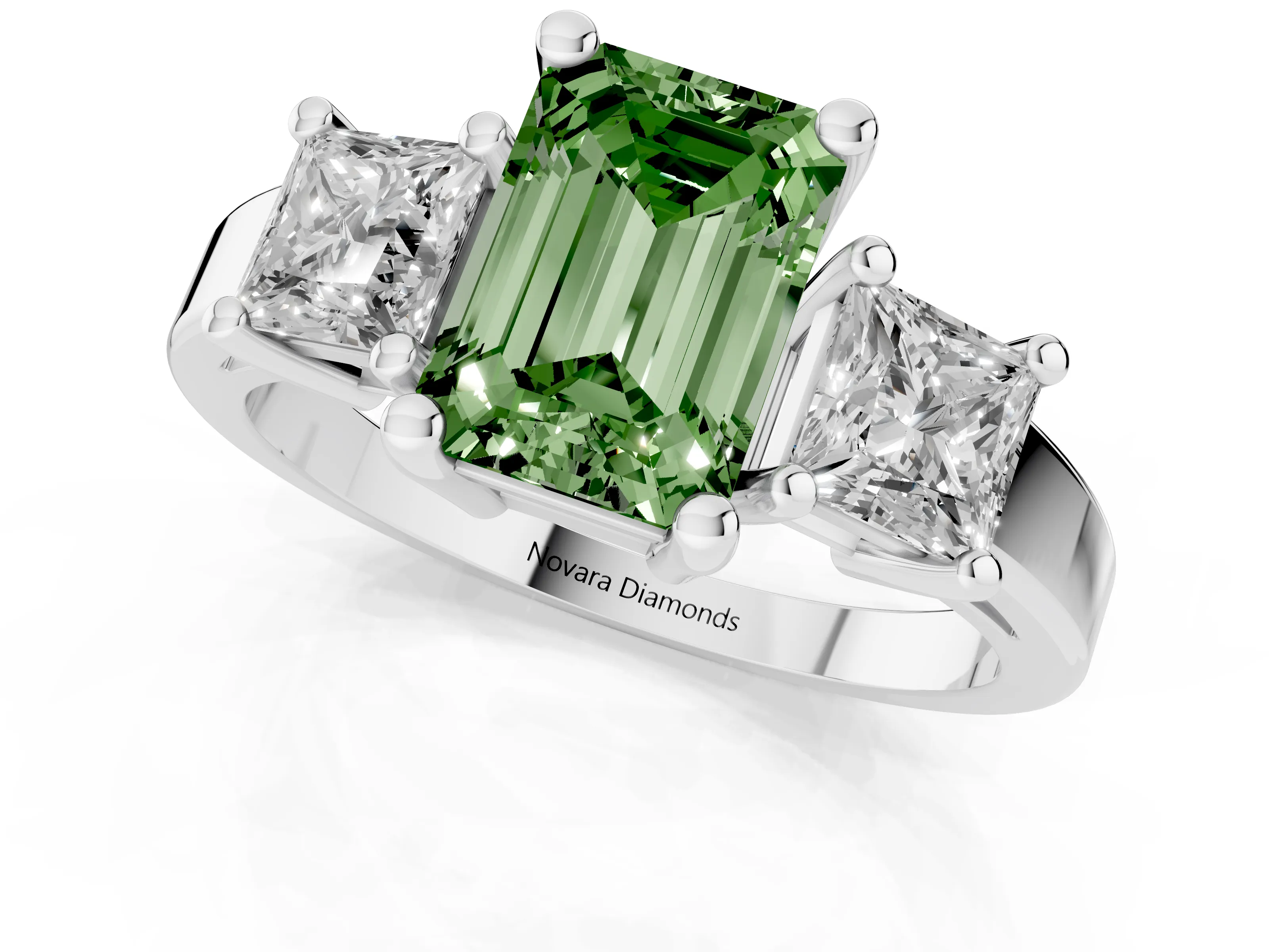 Fancy Green Three-Stone Emerald Cut Diamond Solitaire Ring Set in Platinum with Prong Setting