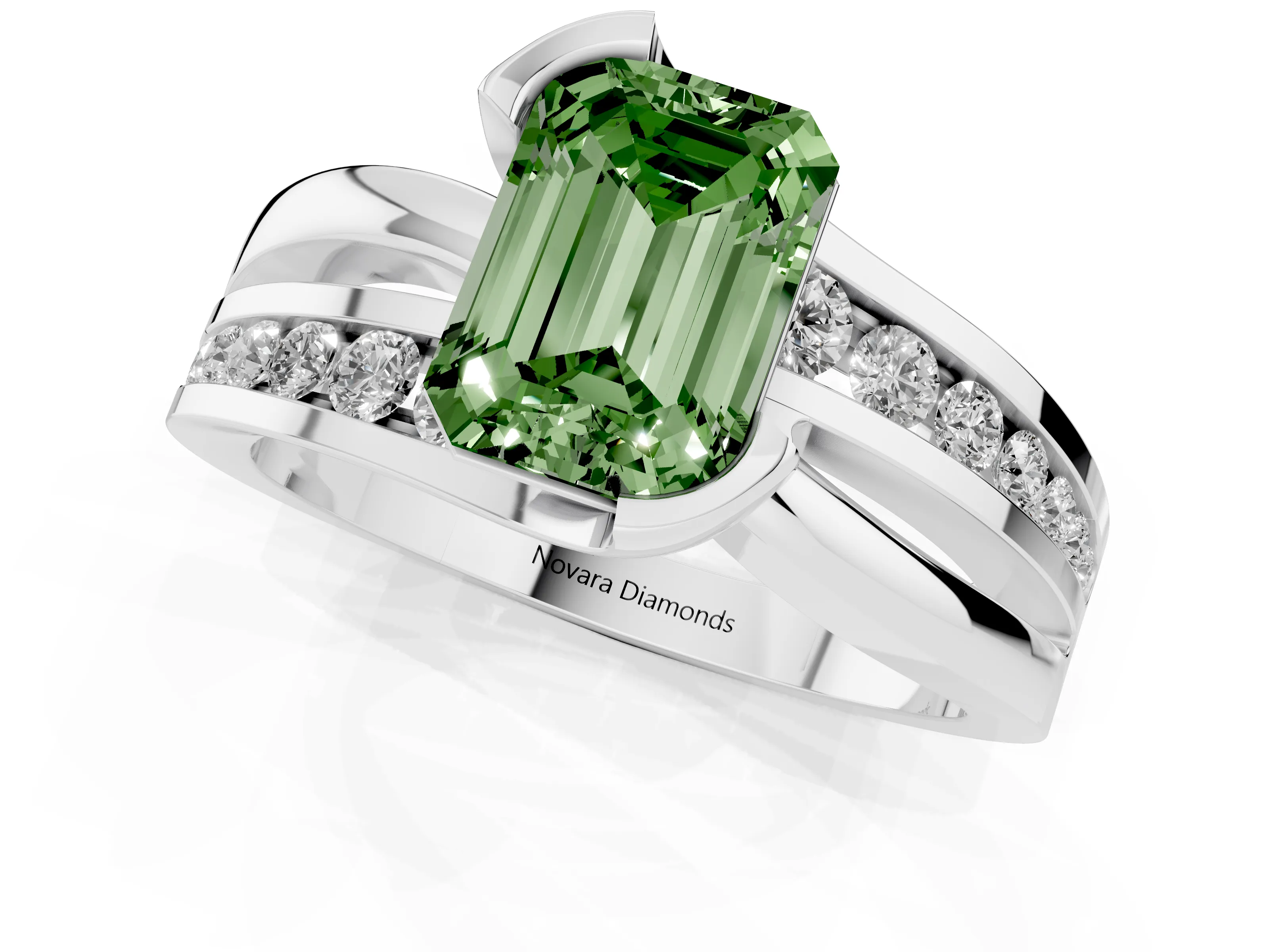Fancy Green Emerald Cut Diamond Solitaire Ring Set in Platinum with Channel Set Split Shank and Tension Prongs