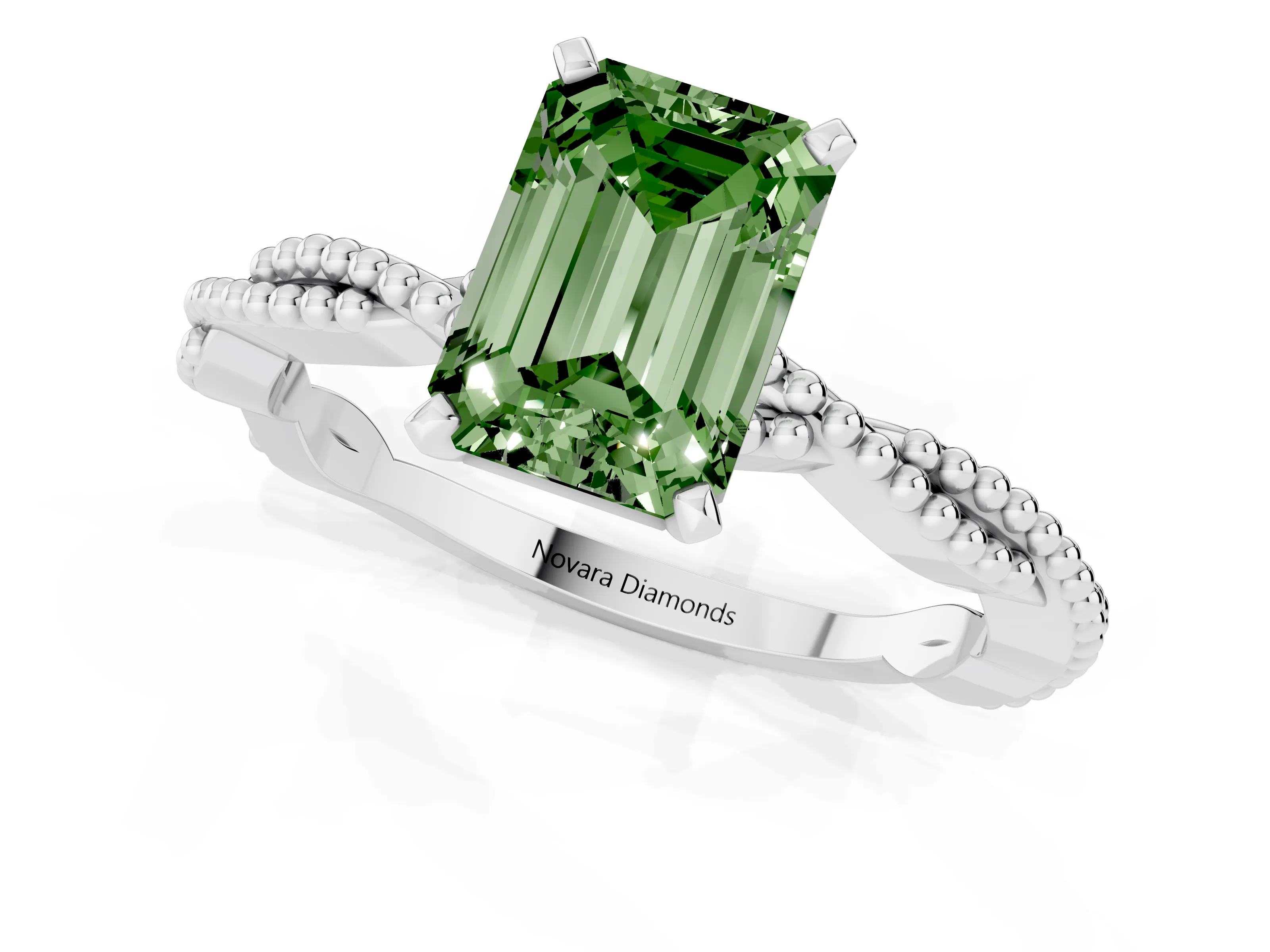 Fancy Green Emerald Cut Diamond Solitaire Ring Set in White gold with Twisted Band and Bead Prong Setting