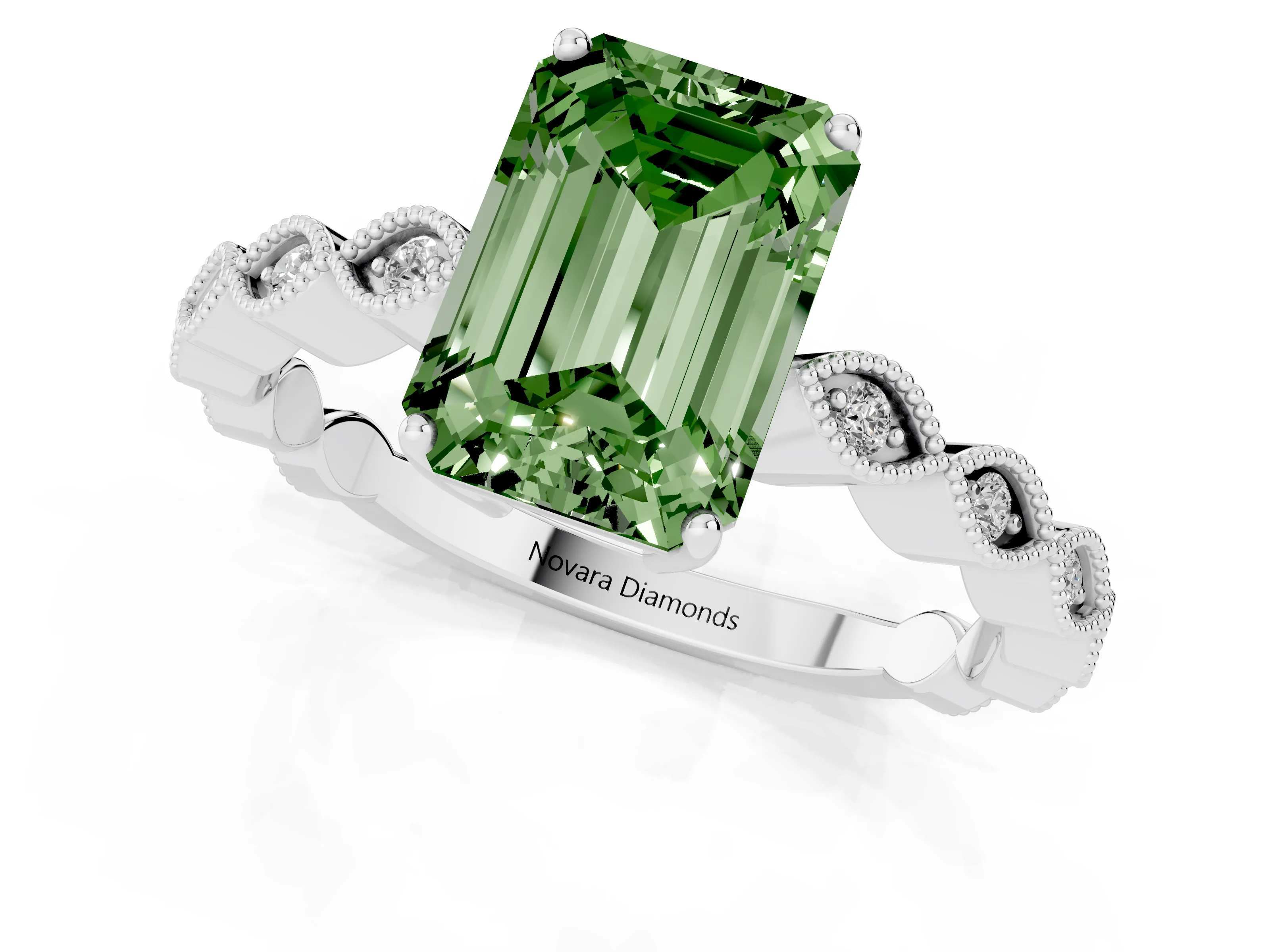 Fancy Green Emerald Cut Diamond Solitaire Ring Set in Platinum with Infinity Twist Pavé Band