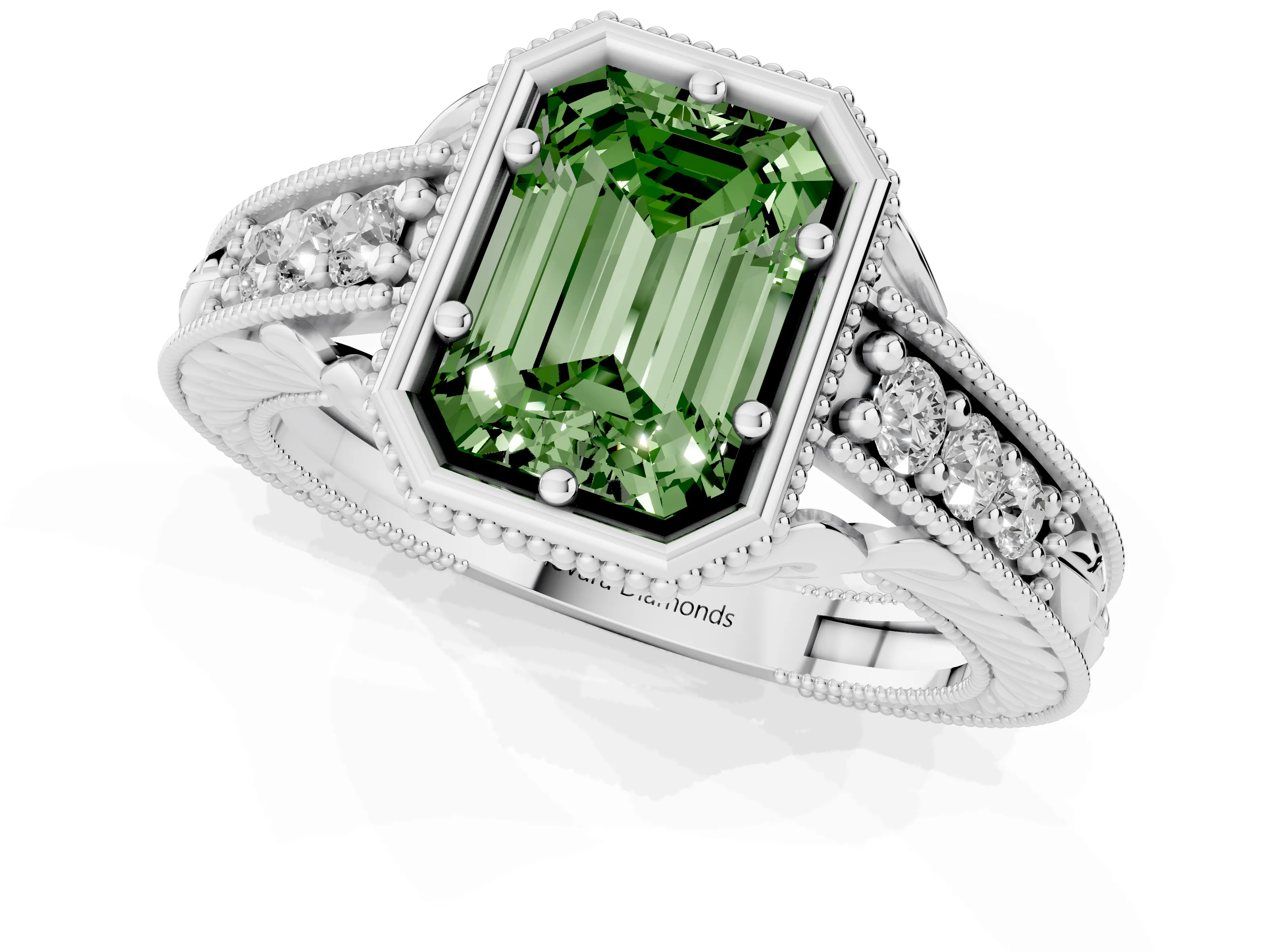 Fancy Green Bezel Set Emerald Cut Diamond Milgrain Pavé Engagement Ring Set in Silver