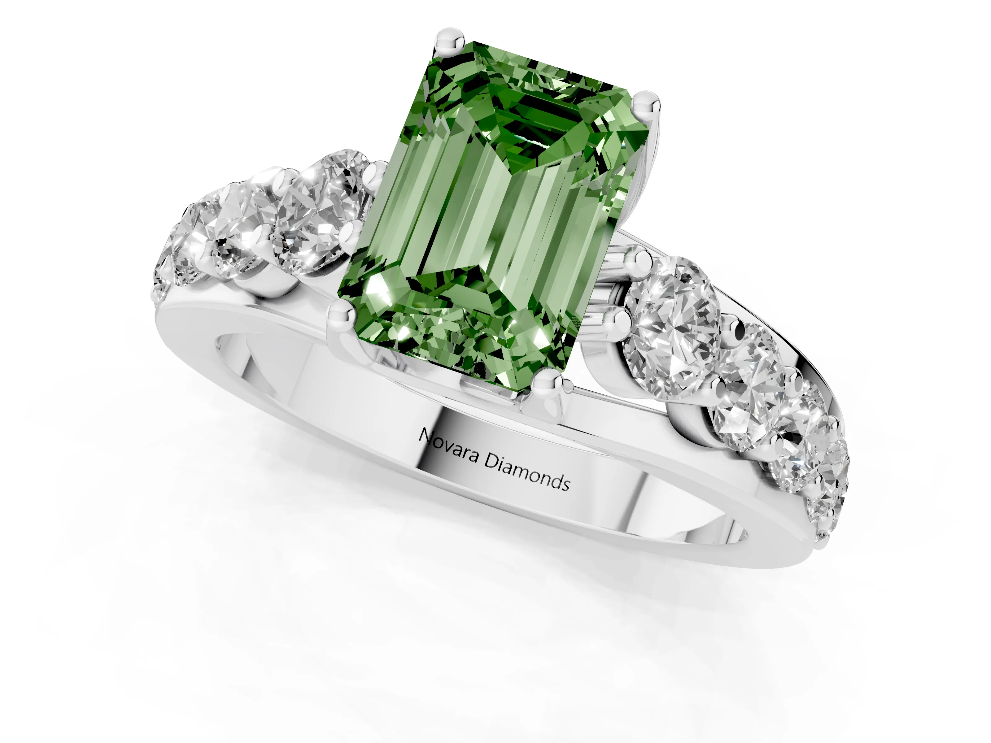 Fancy Green Emerald Cut Diamond Pavé Engagement Ring Set in White gold with Prong Setting