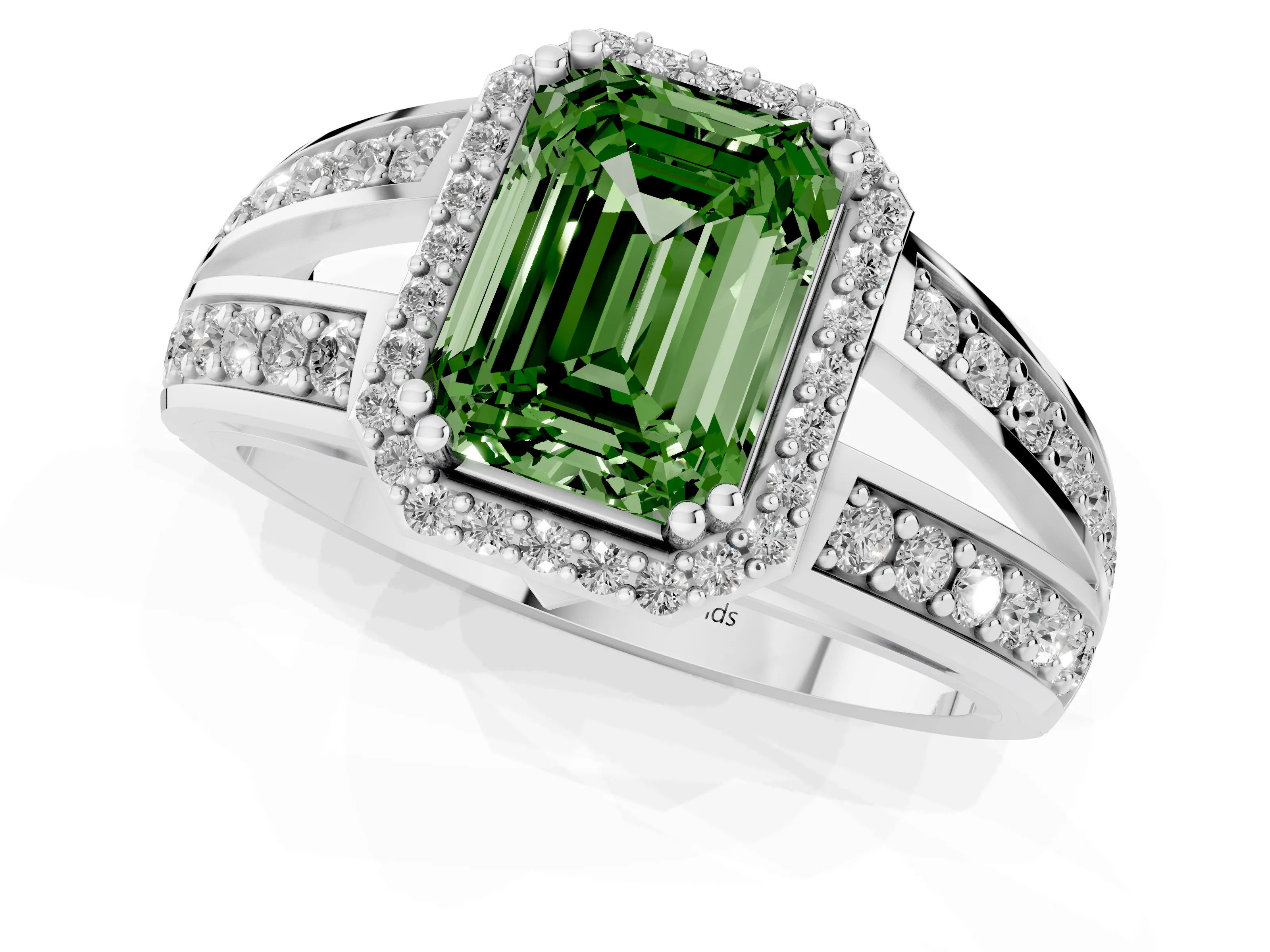 Fancy Green Emerald Cut Diamond Halo Ring Set in Platinum with Double Pavé Split Shank