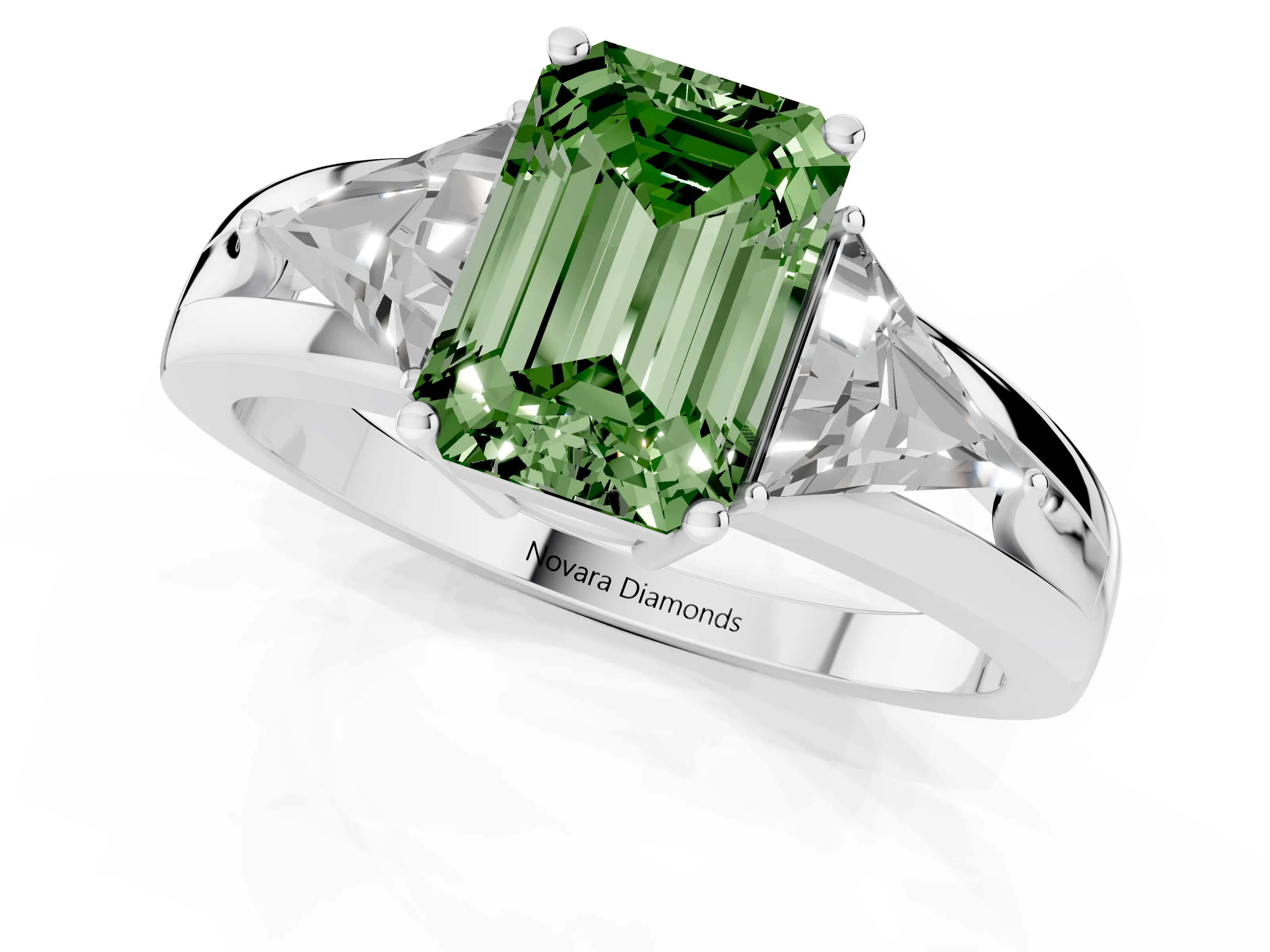 Fancy Green Emerald Cut Diamond Three-Stone Ring Set in Silver with Trillion Side Stones and Split Shank