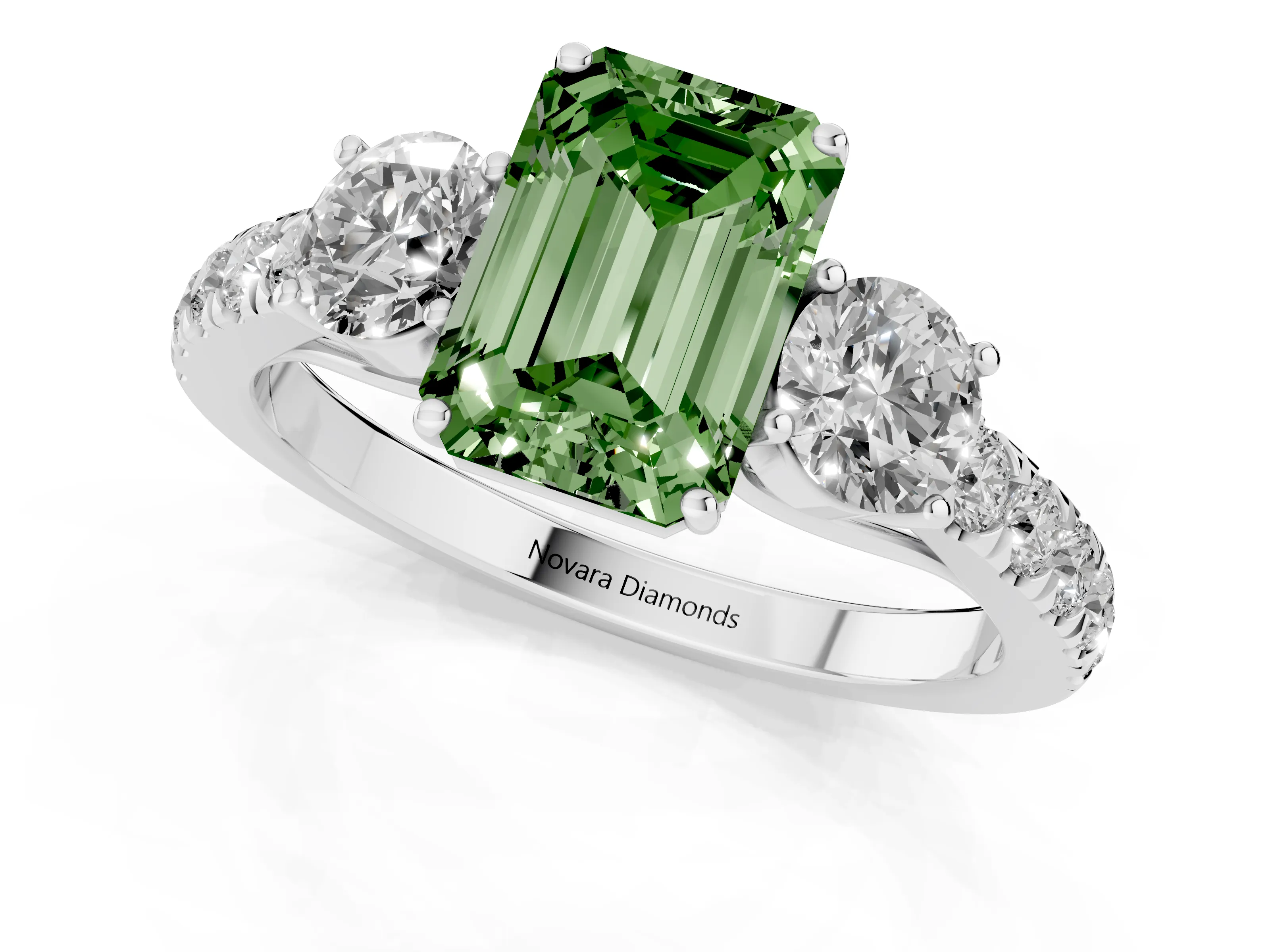 Fancy Green Emerald Cut Diamond Three-Stone Ring Set in White gold with Round Side Stones and Delicate Pavé Band