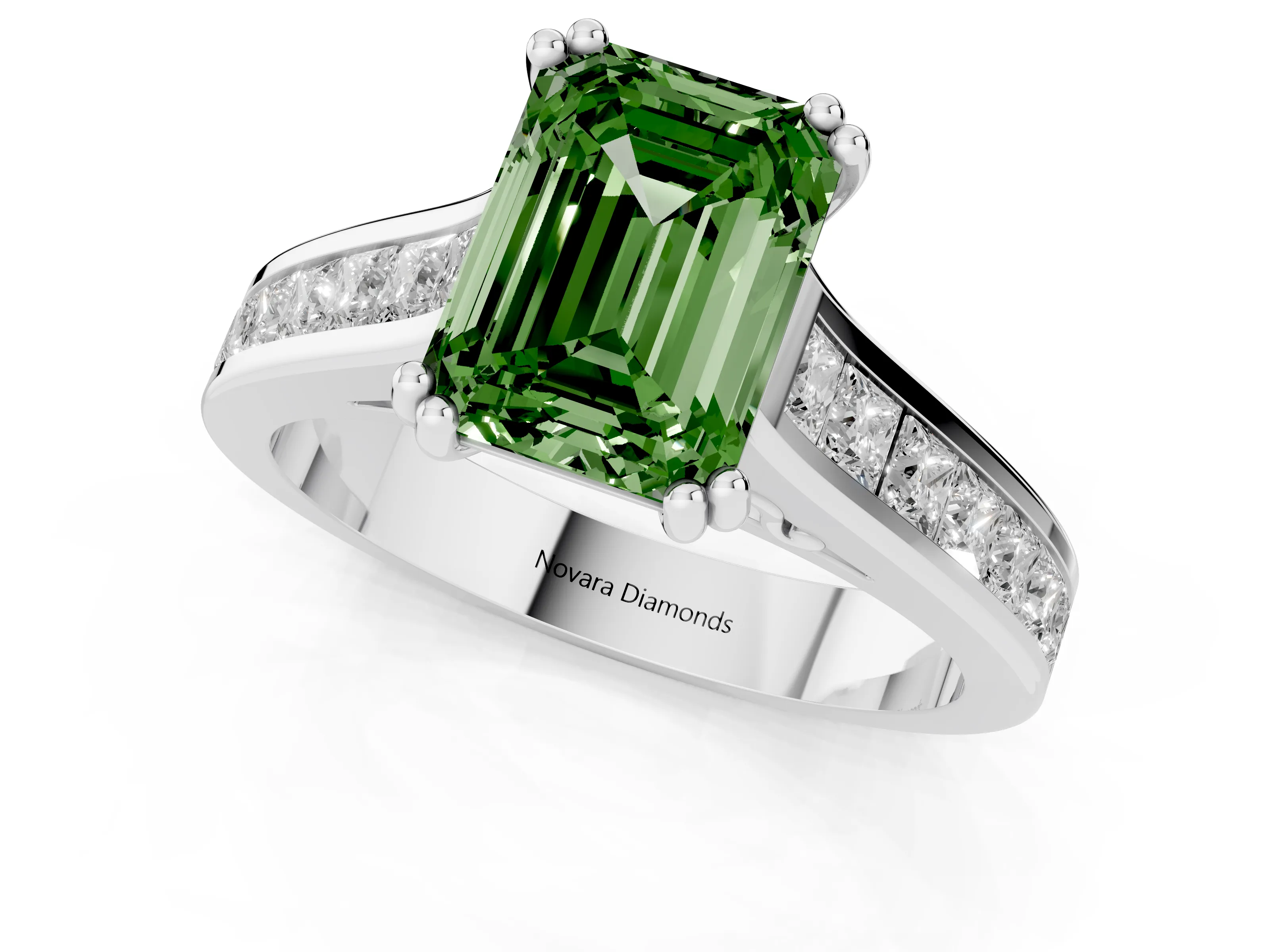 Fancy Green Emerald Cut Diamond Channel Set Solitaire Engagement Ring Set in Platinum with Prong Setting