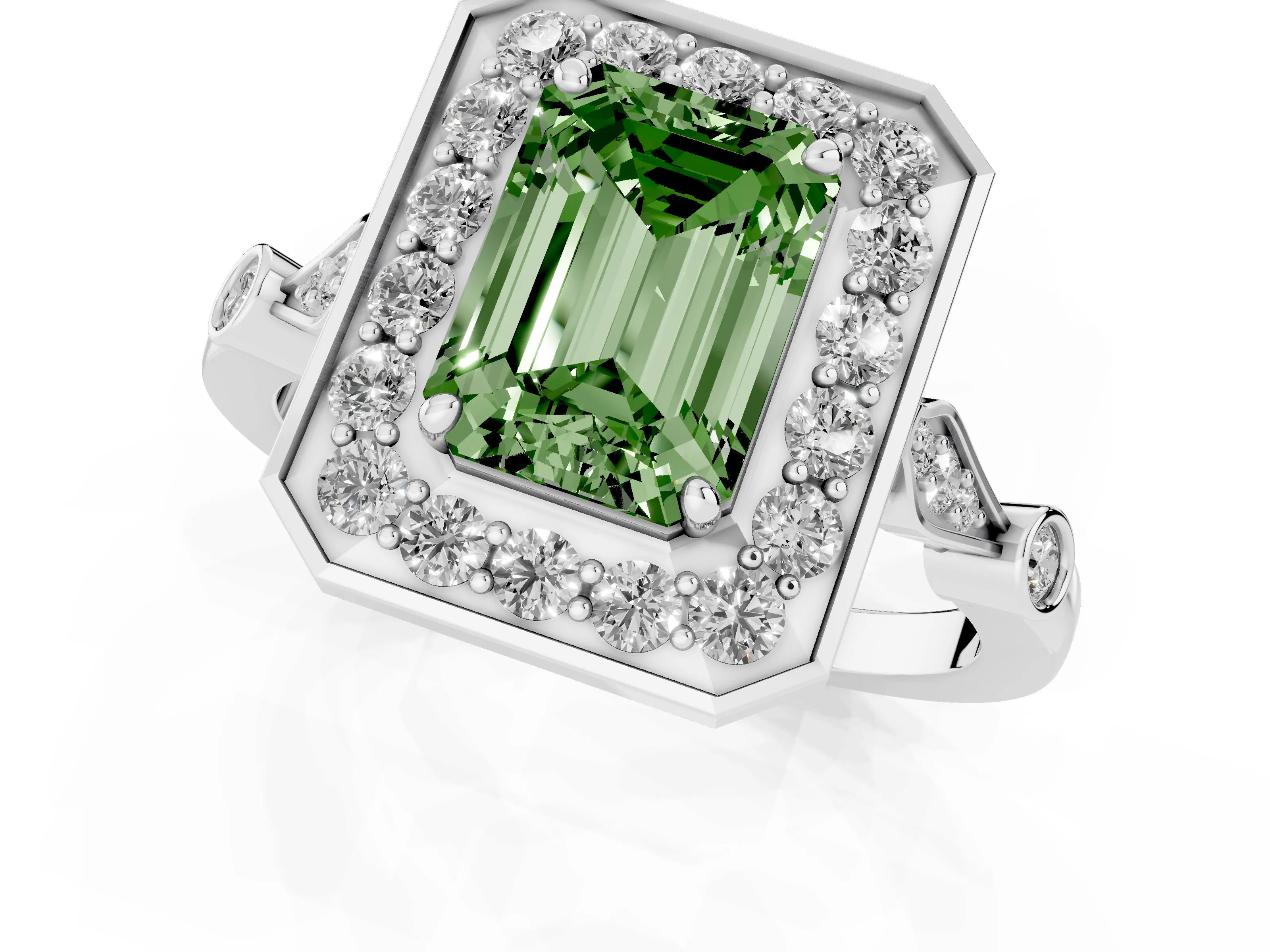 Fancy Green Emerald Cut Diamond Halo Engagement Ring Set in Platinum with Twisted Band and Prong Setting