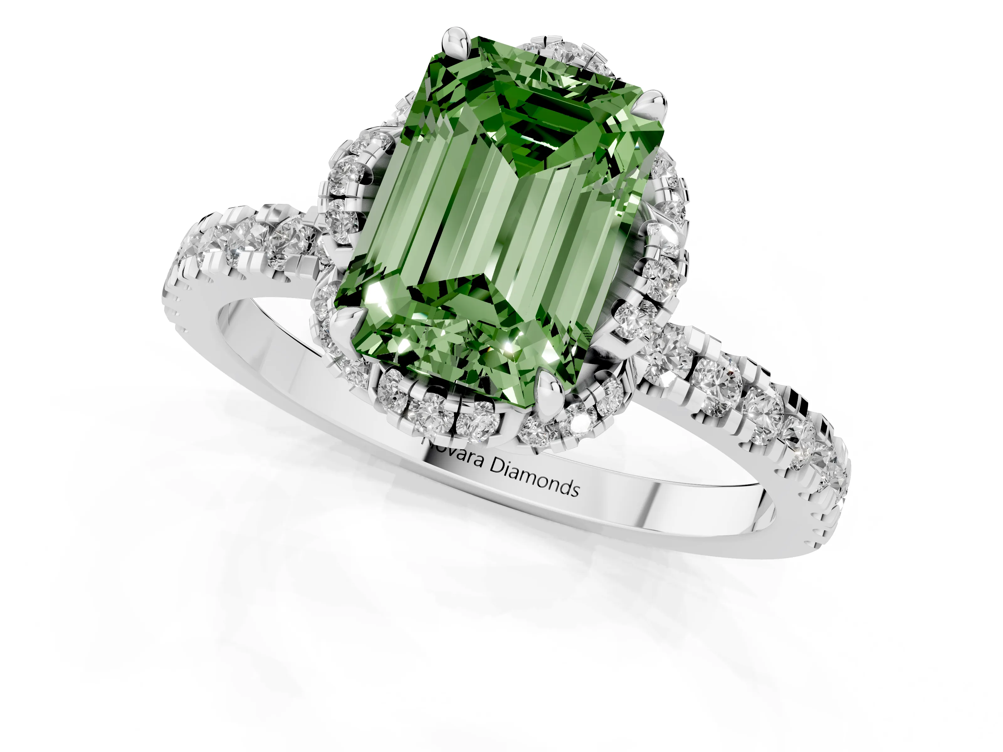 Fancy Green Emerald Cut Diamond Halo Pavé Band Ring Set in Platinum with Prong-Held Center
