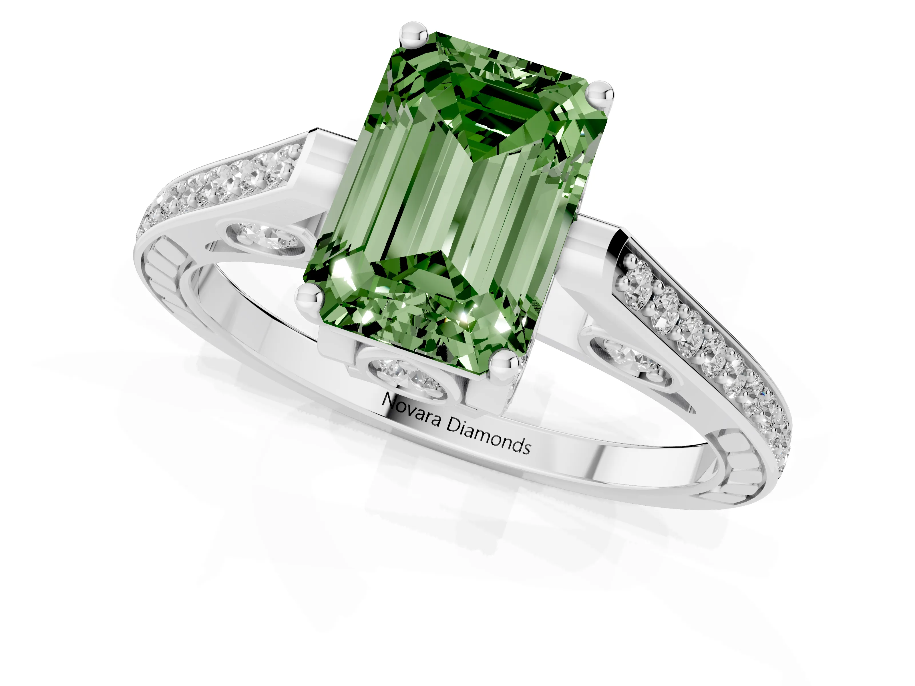 Fancy Green Emerald Cut Diamond Cathedral Pavé Engagement Ring Set in Silver with Prong Setting
