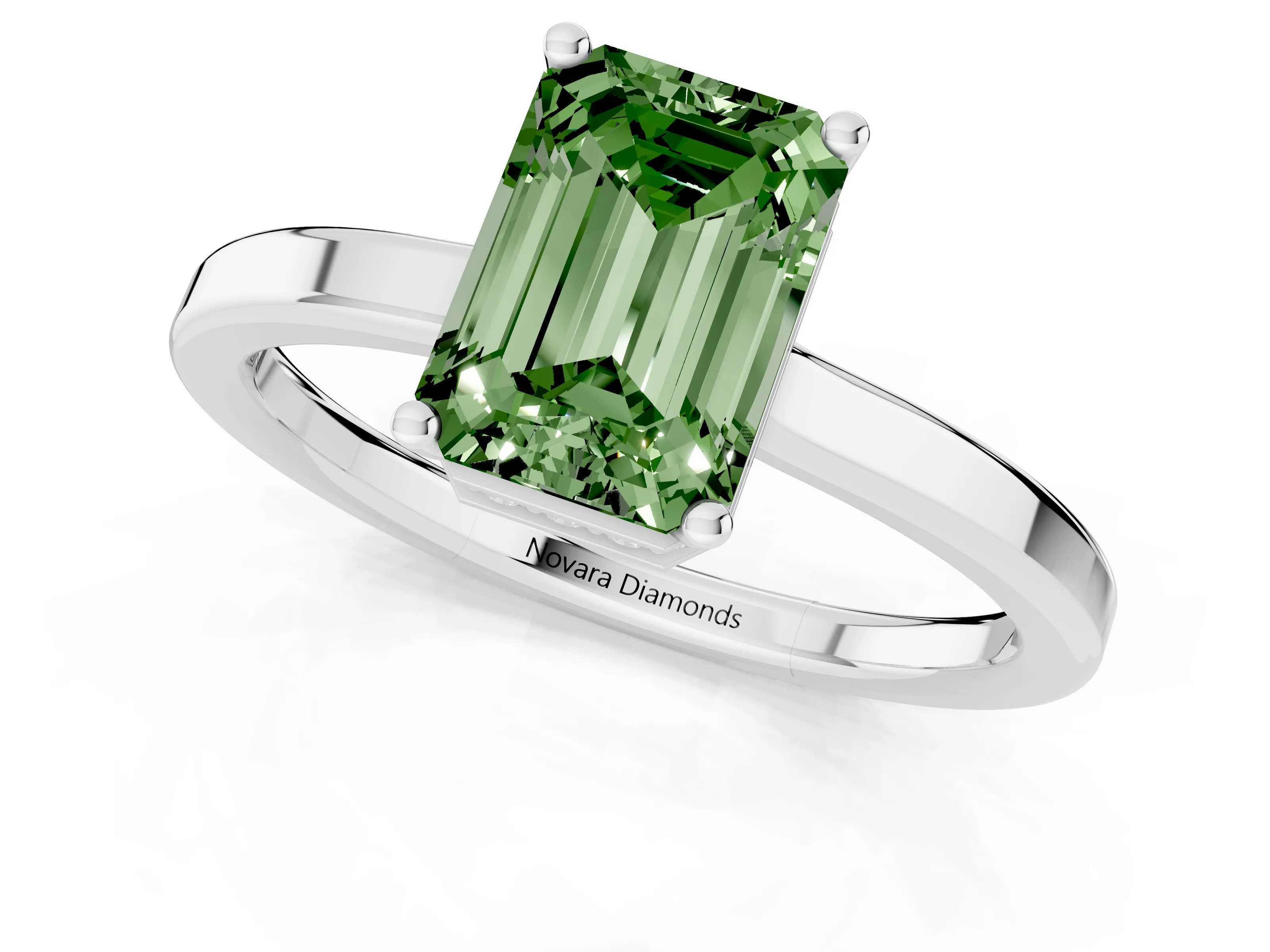 Fancy Green Emerald Cut Diamond Solitaire Engagement Ring Set in Platinum with Prong Setting on a Plain Band