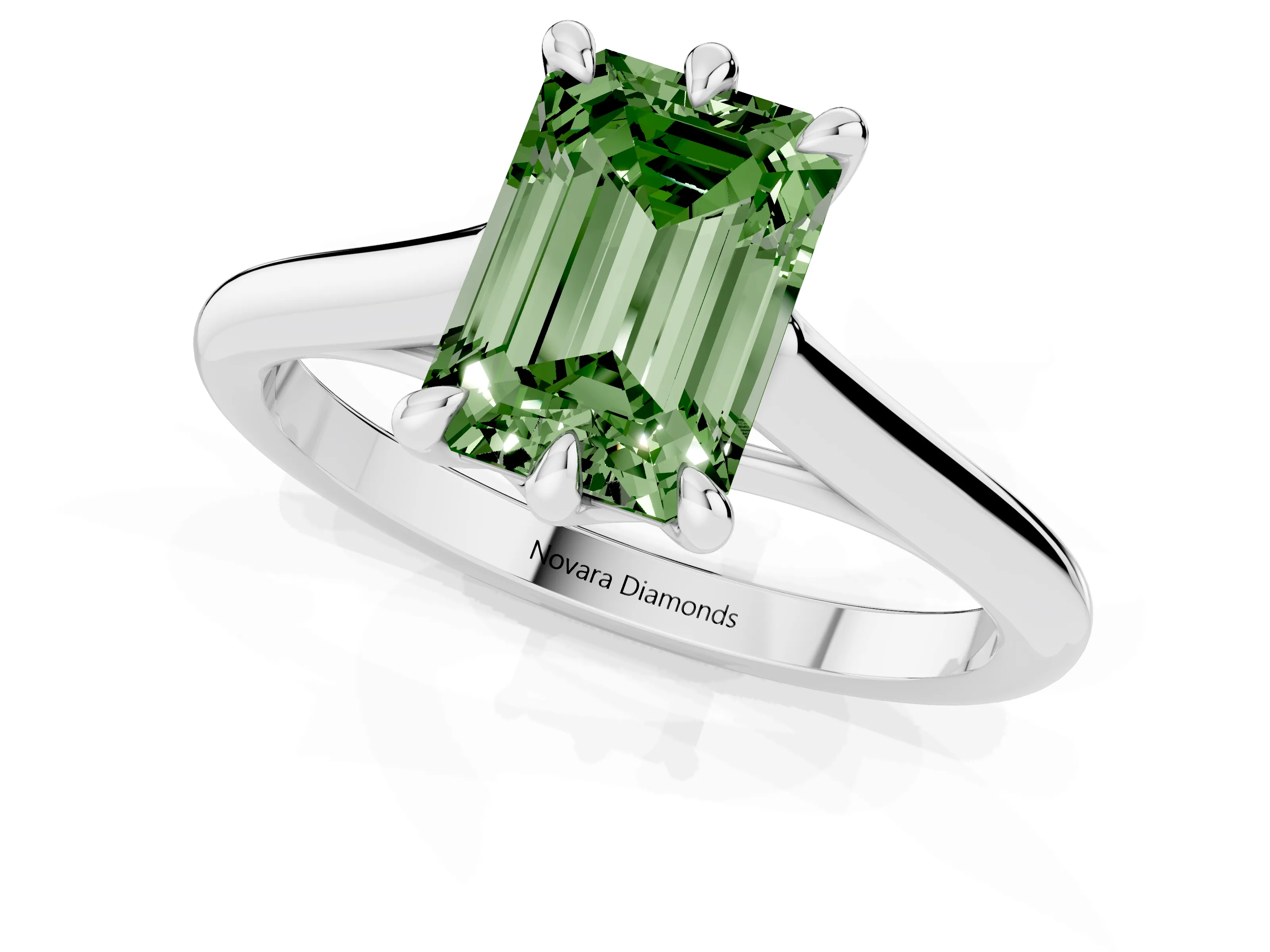 Fancy Green Emerald Cut Diamond Solitaire Engagement Ring Set in Silver with Prong Setting and Plain Classic Band