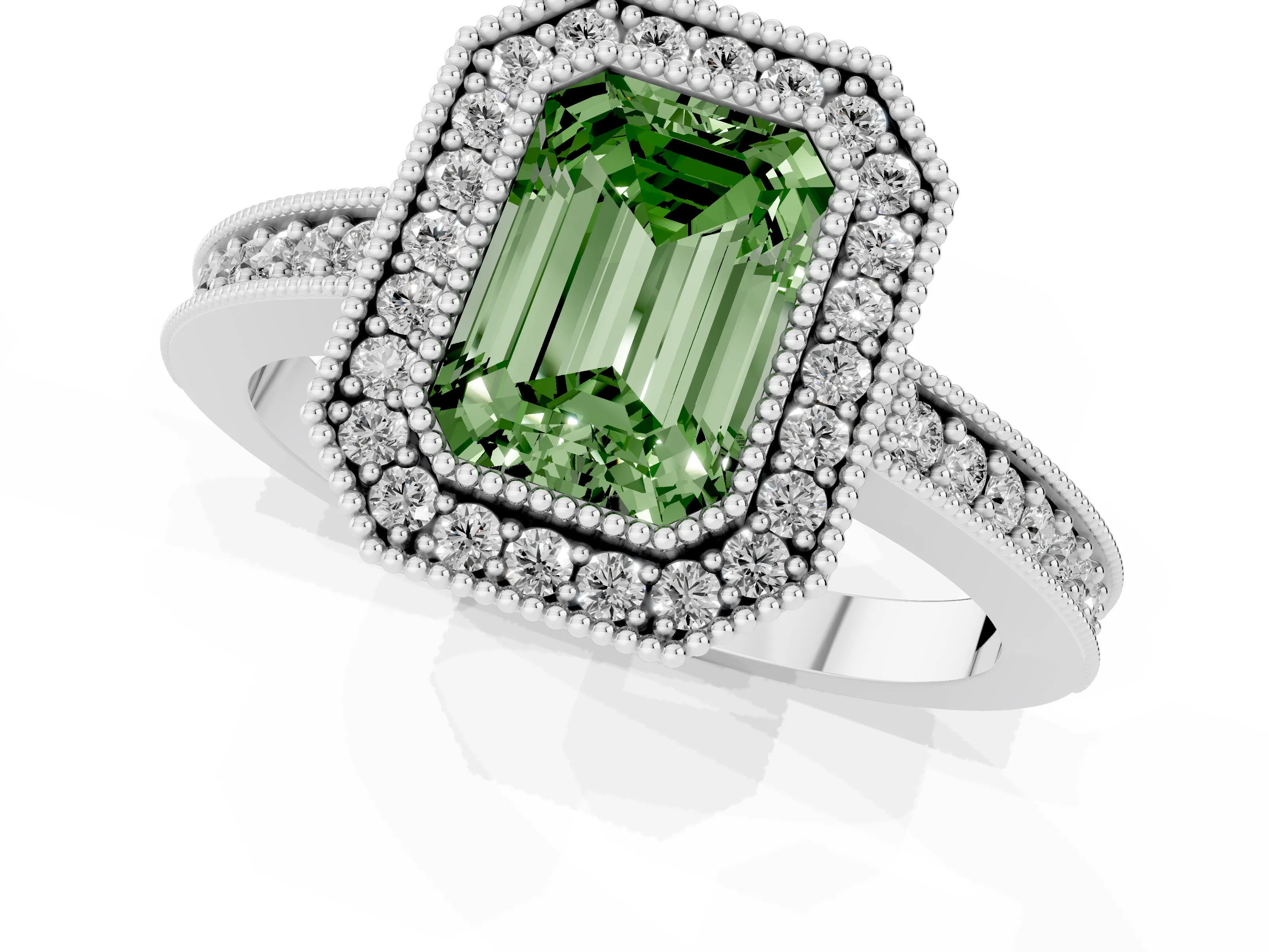 Fancy Green Emerald Cut Diamond Halo Engagement Ring Set in White gold with Pavé Band and Round Halo Stones