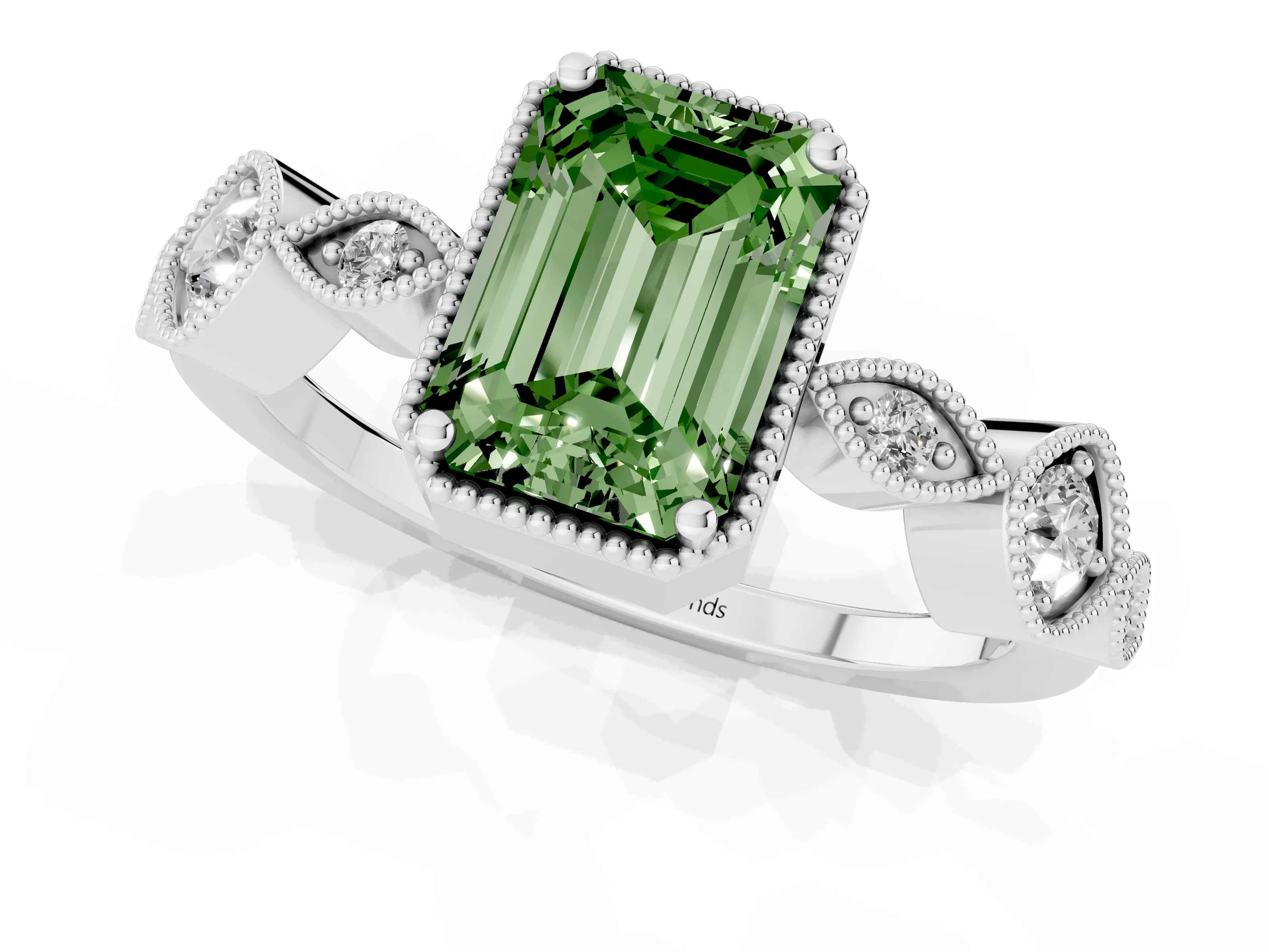 Fancy Green Emerald Cut Diamond Vintage-Inspired Milgrain Ring Set in White gold with Marquise Stations of Round Accents