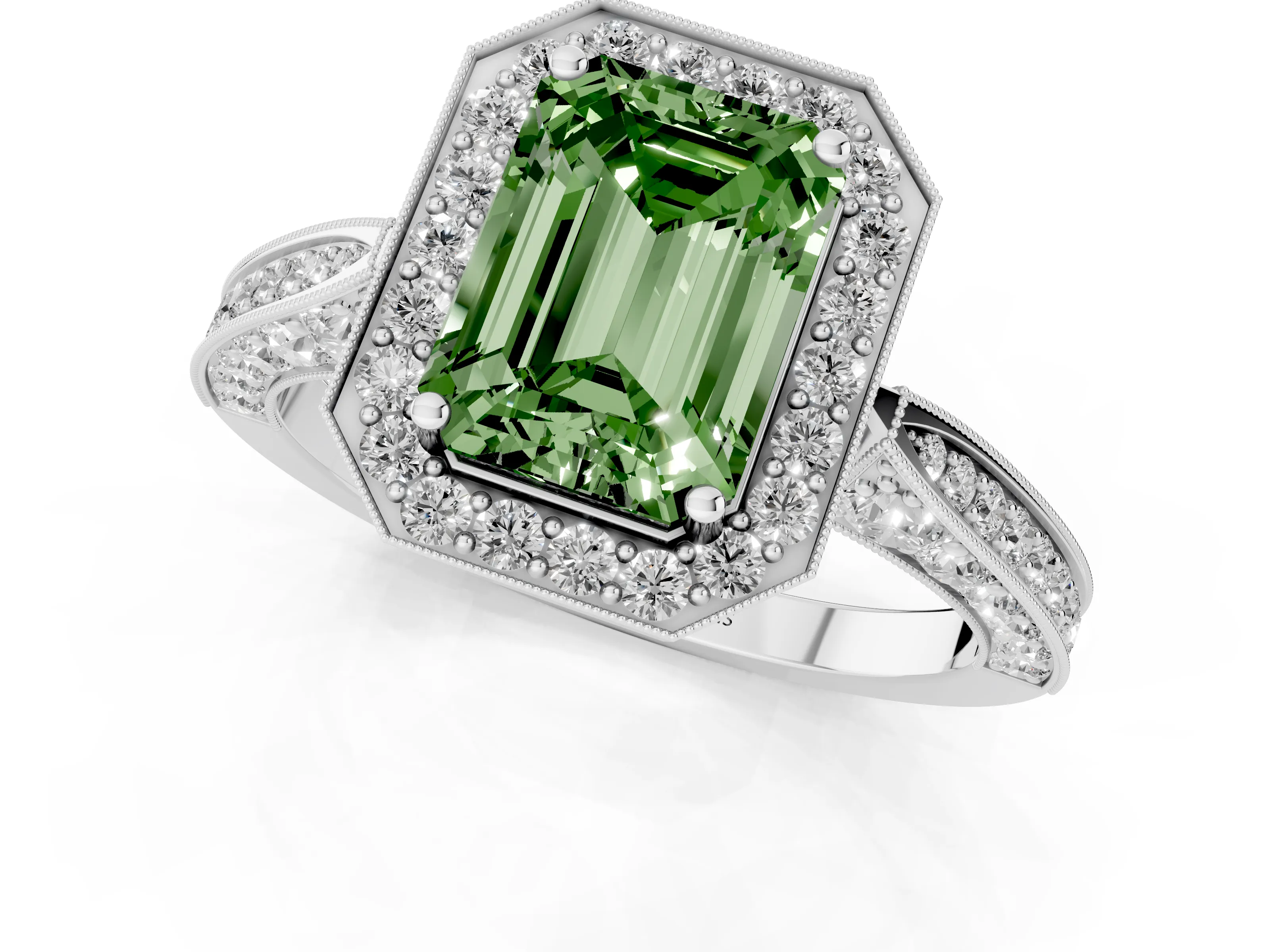 Fancy Green Emerald Cut Diamond Halo Engagement Ring Set in Platinum with Accent Split Shank Band
