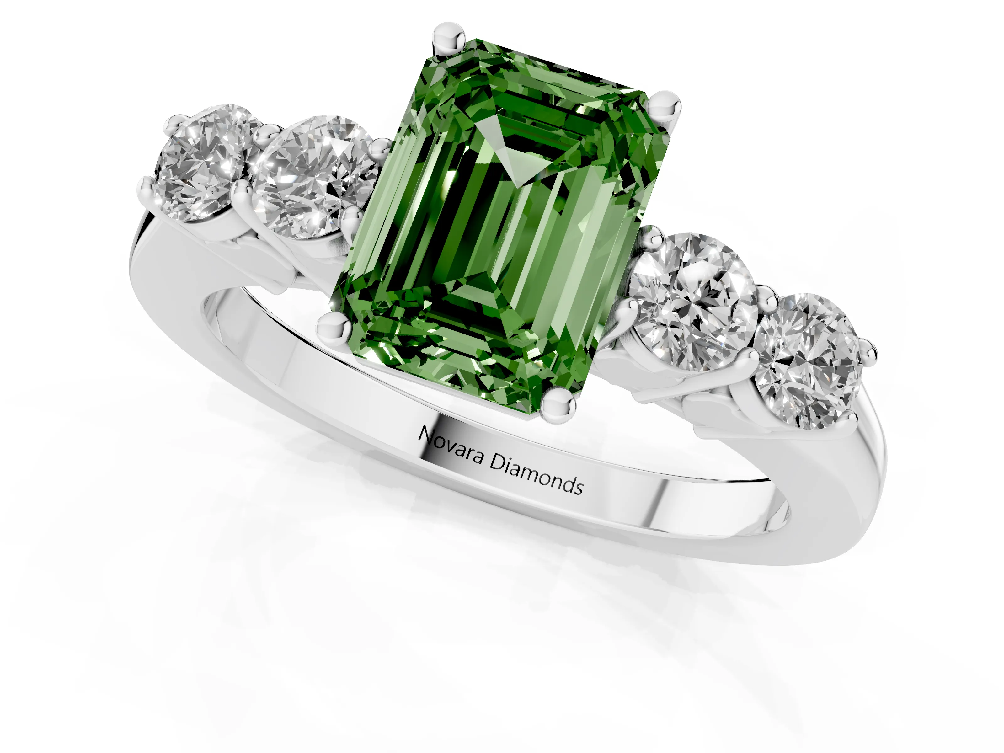 Fancy Green Emerald Cut Diamond Five-Stone Prong Set Band Ring Set in White gold with Polished Band