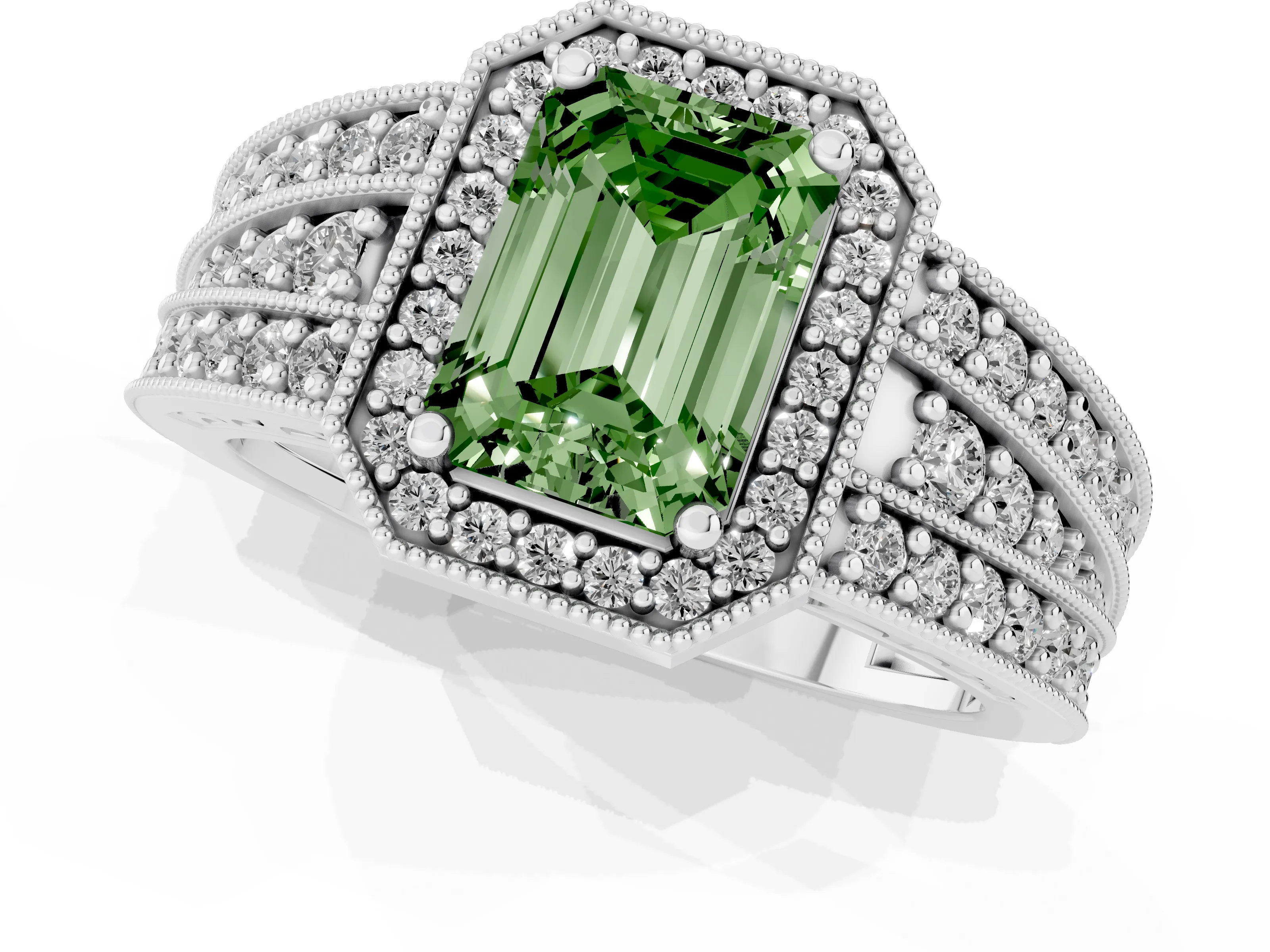 Fancy Green Emerald Cut Diamond Halo Ring Set in Silver with Accent Split Shank and Prong Setting