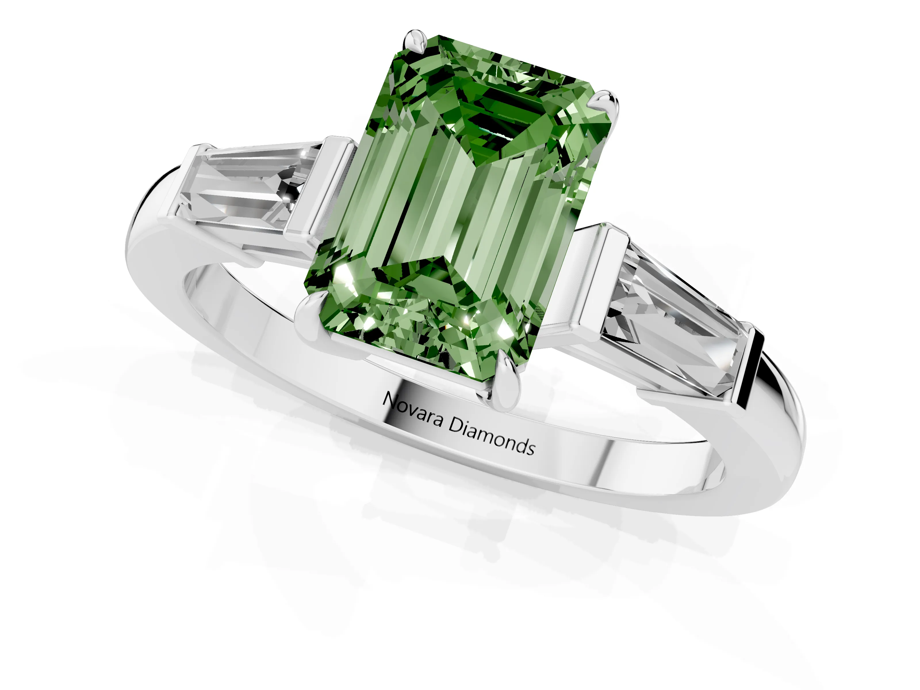 Fancy Green Emerald Cut Diamond Three-Stone Ring Set in Platinum with Tapered Baguette Side Stones and Prong Setting