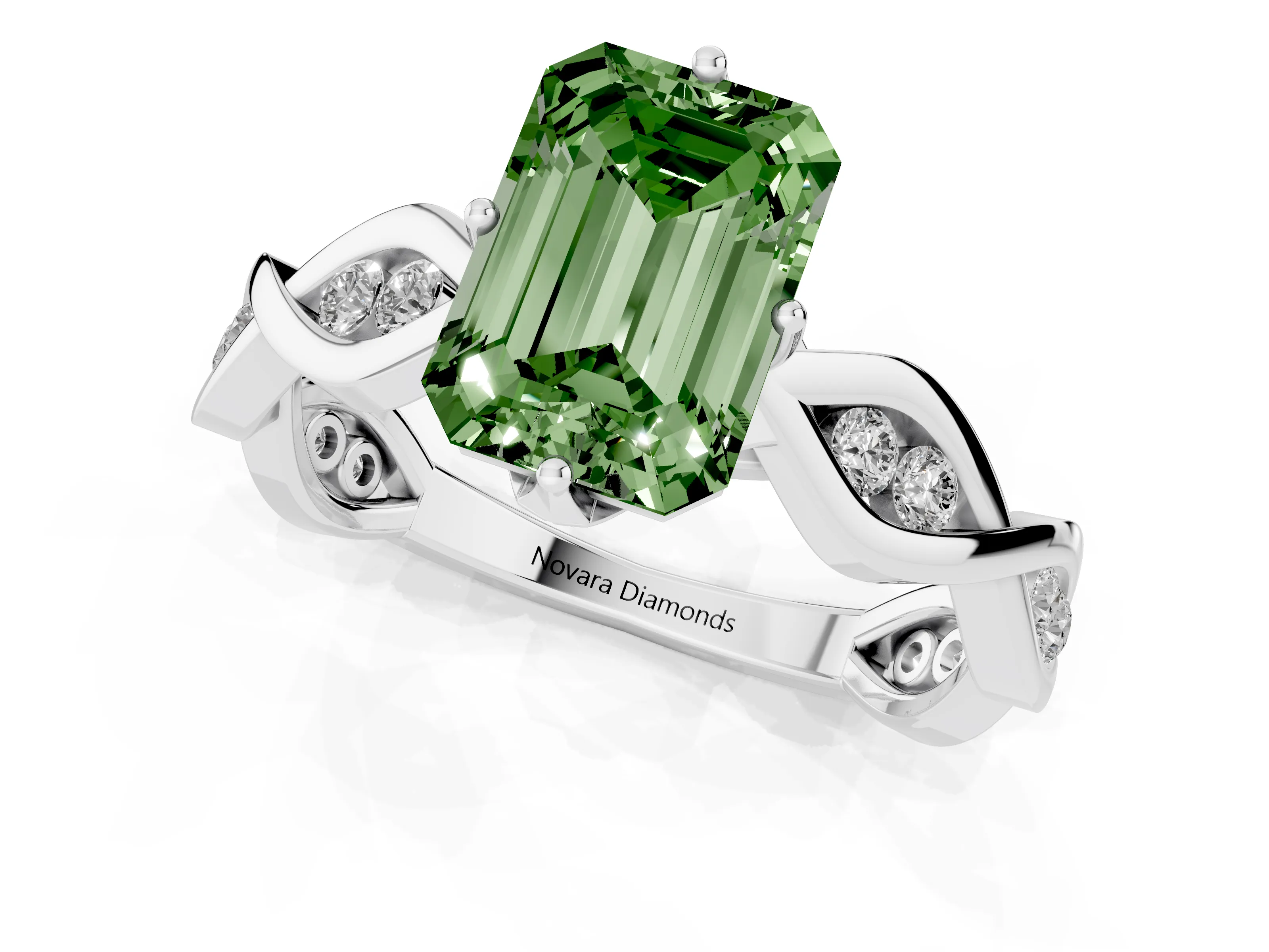 Fancy Green Emerald Cut Diamond Twist Band Solitaire Ring Set in Platinum with Leaf Prong Setting and Accent Stones