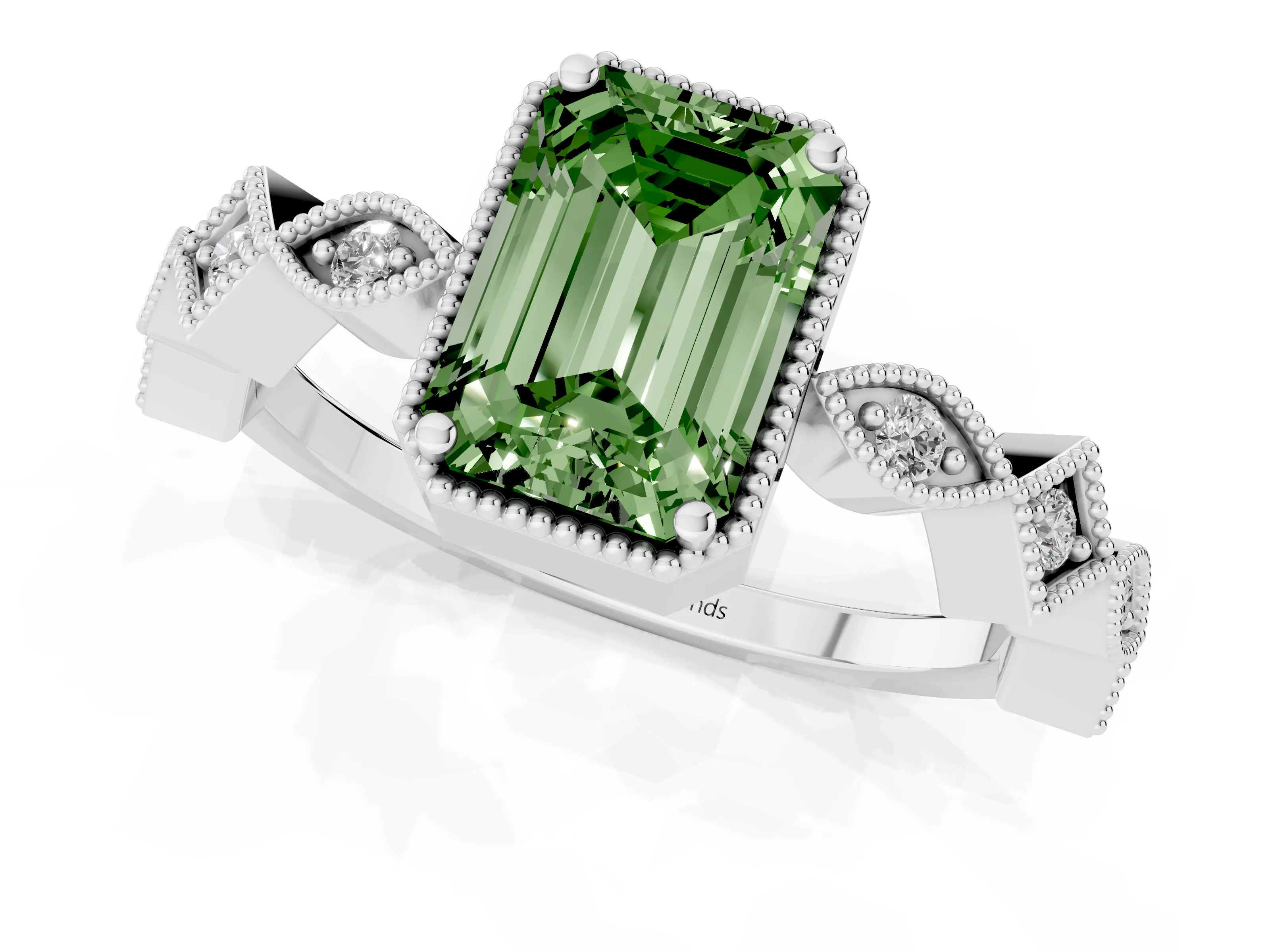Fancy Green Emerald Cut Diamond Milgrain Marquise Twist Band Ring Set in White gold with Prong Setting