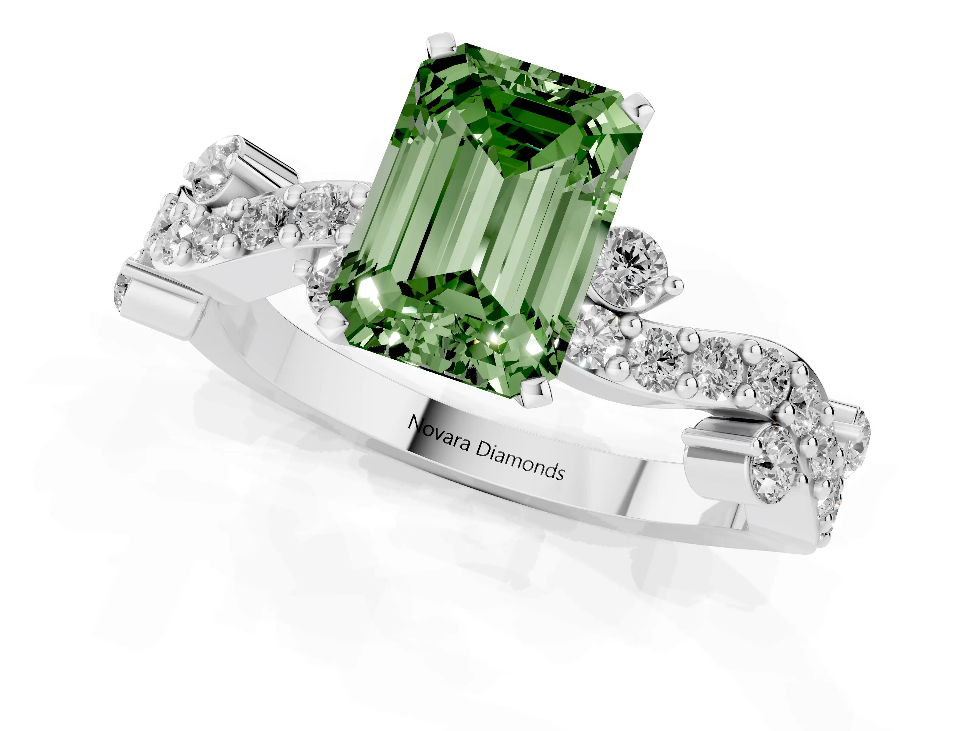 Fancy Green Emerald Cut Diamond Solitaire Twisted Band Set in Silver with Pavé Setting