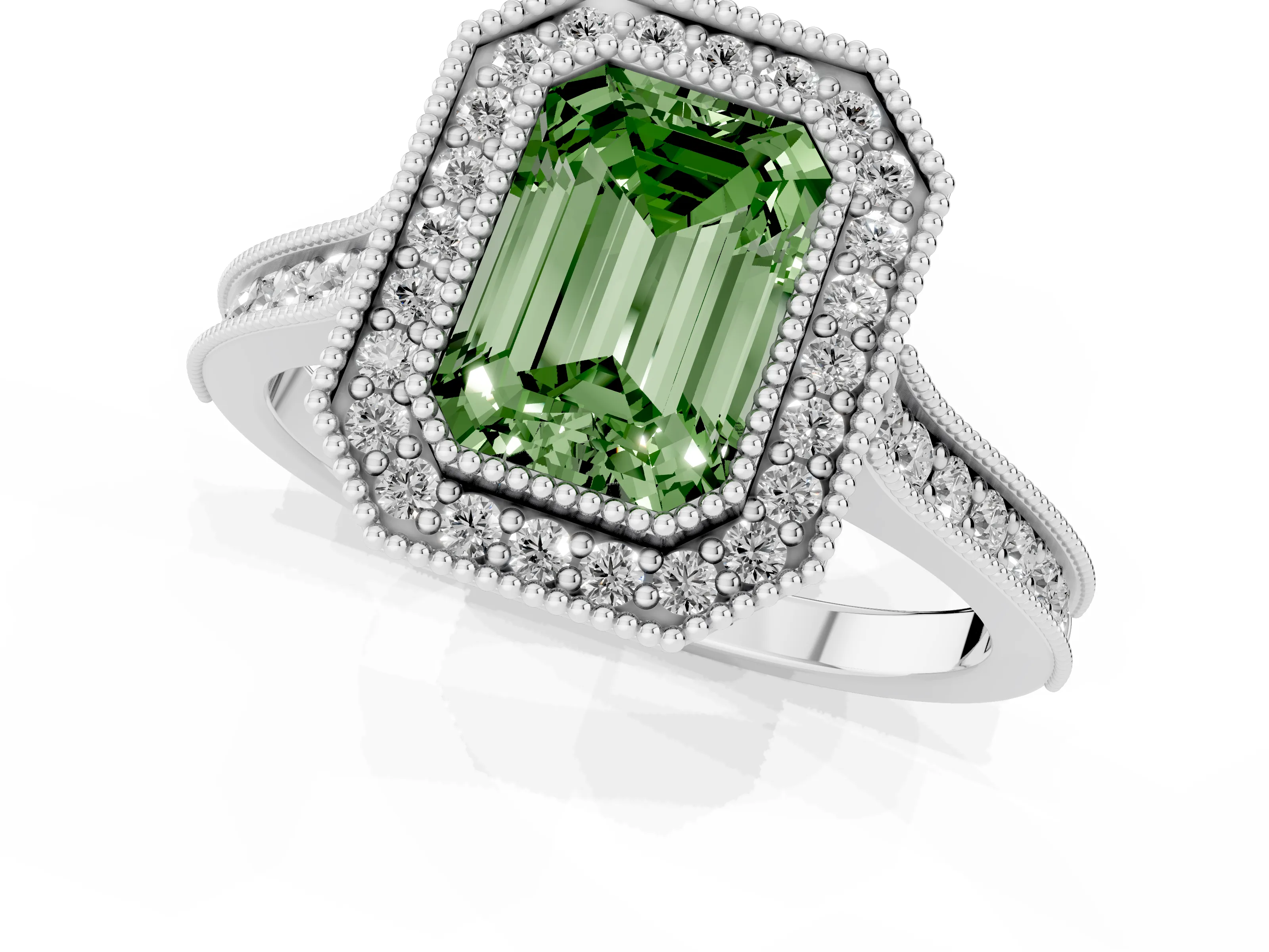 Fancy Green Emerald Cut Diamond Halo Milgrain Pavé Band Ring Set in White gold with Prong Setting