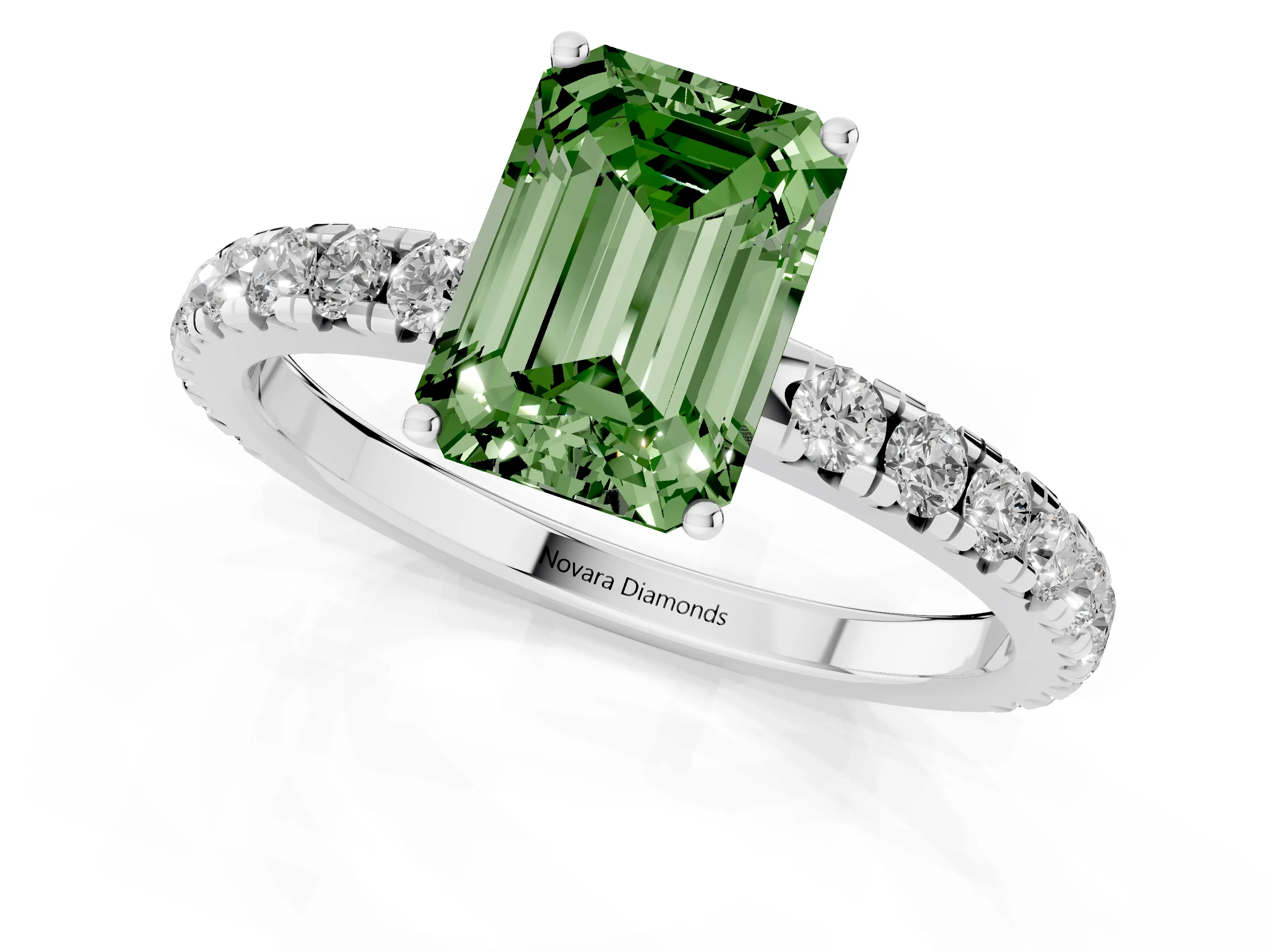 Fancy Green Emerald Cut Diamond Pavé Solitaire Engagement Ring Set in Platinum with Prong Setting