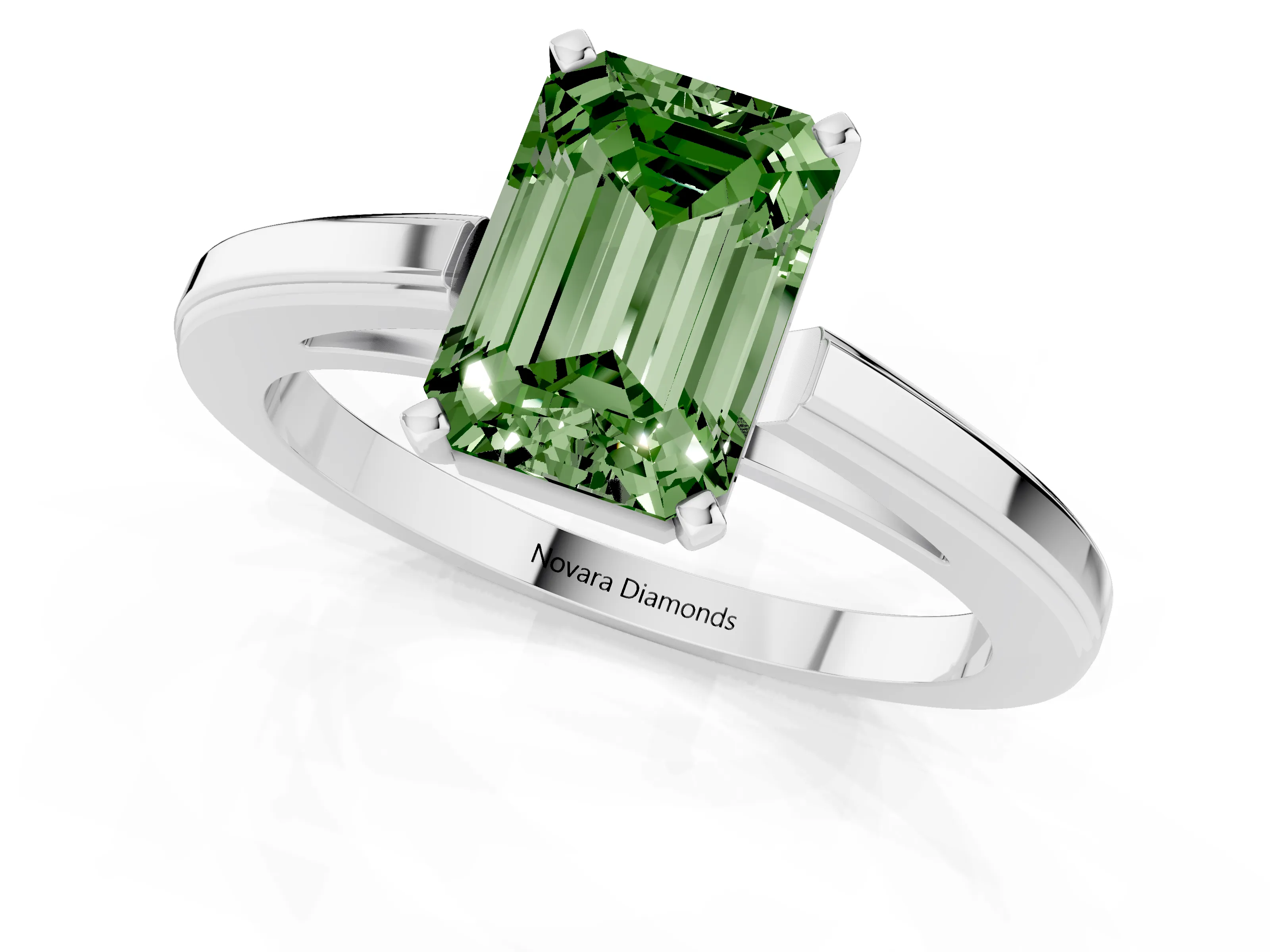 Fancy Green Emerald Cut Diamond Solitaire Ring Set in Platinum with Prong Setting and Classic Band