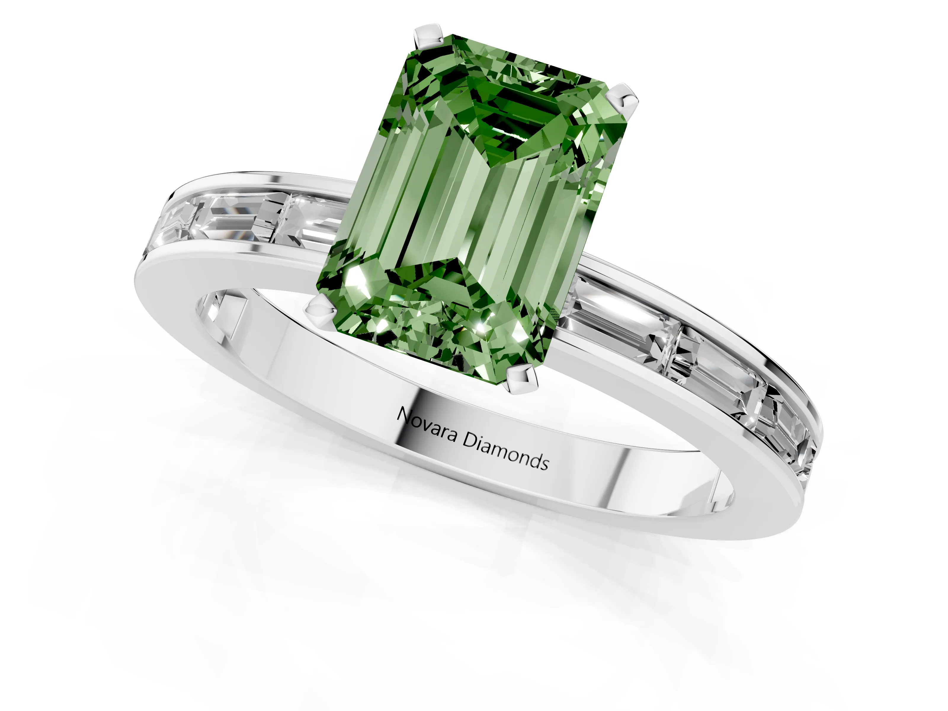 Fancy Green Emerald Cut Diamond Solitaire Ring Set in Platinum with Channel-Set Baguette Band and Prong Setting