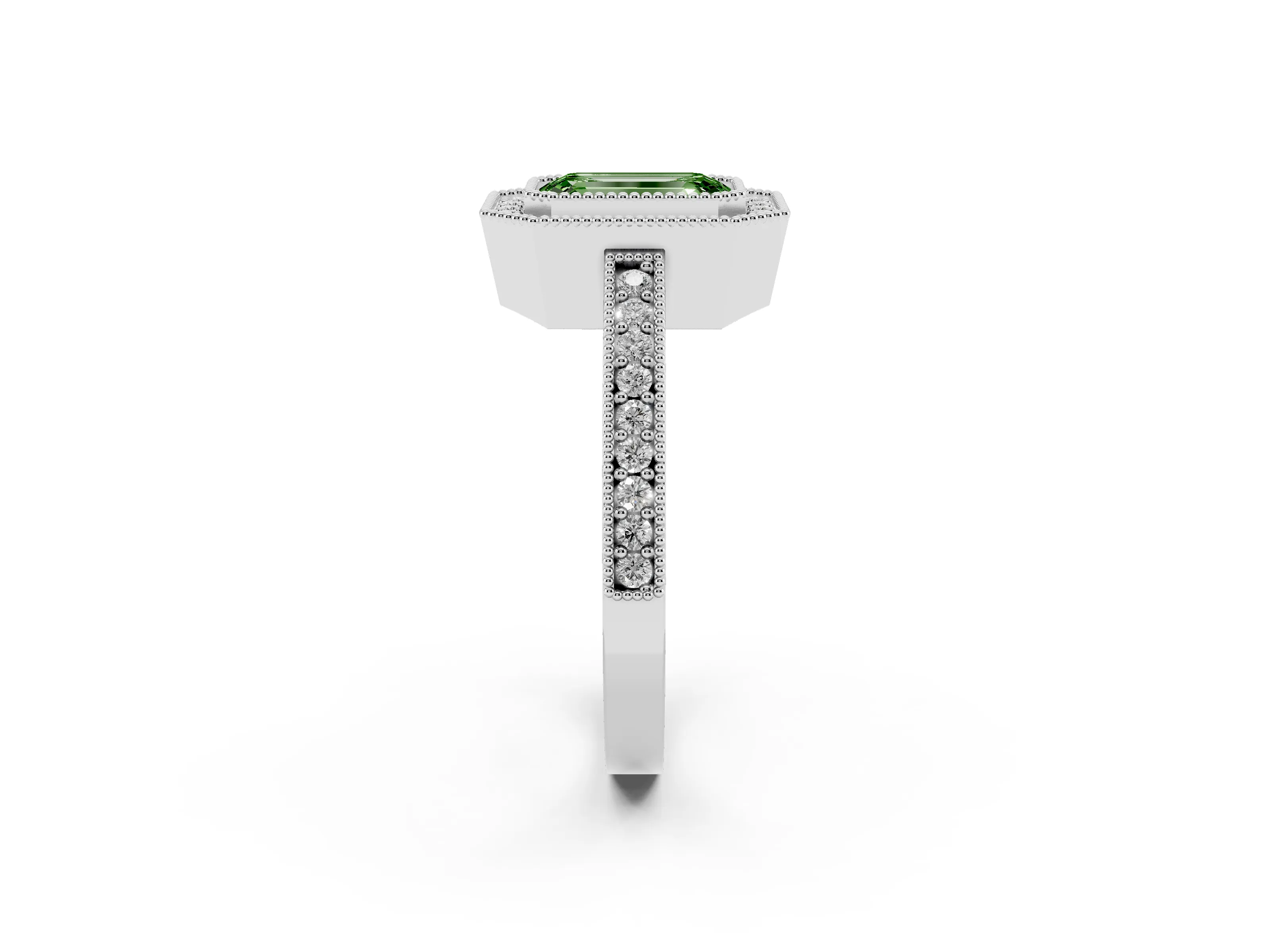 Fancy Green Emerald Cut Diamond Halo Engagement Ring Set in White gold with Pavé Band and Round Halo Stones