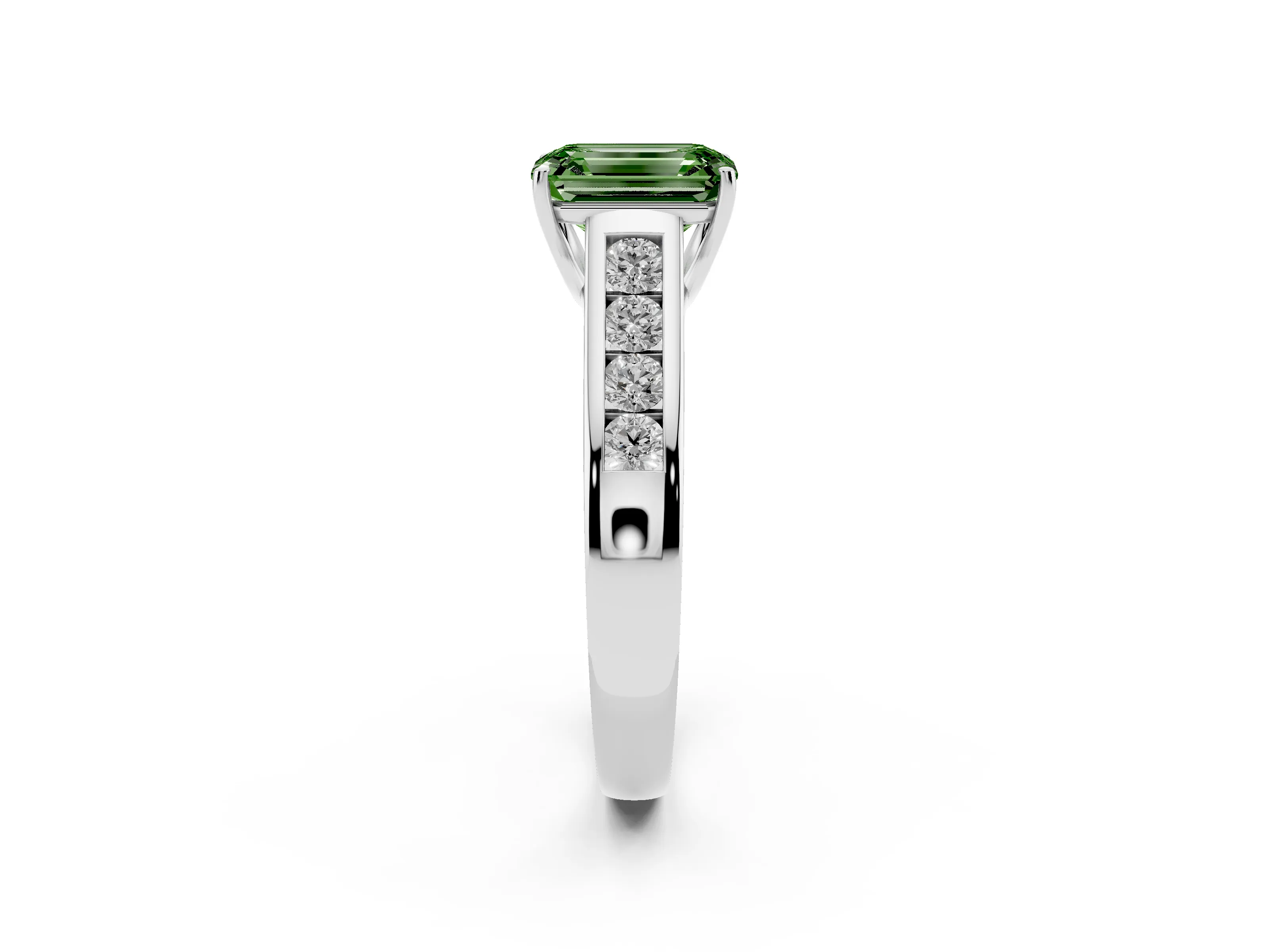 Fancy Green Emerald Cut Diamond Brilliant Channel-Set Solitaire Ring Set in Silver with Prong Setting
