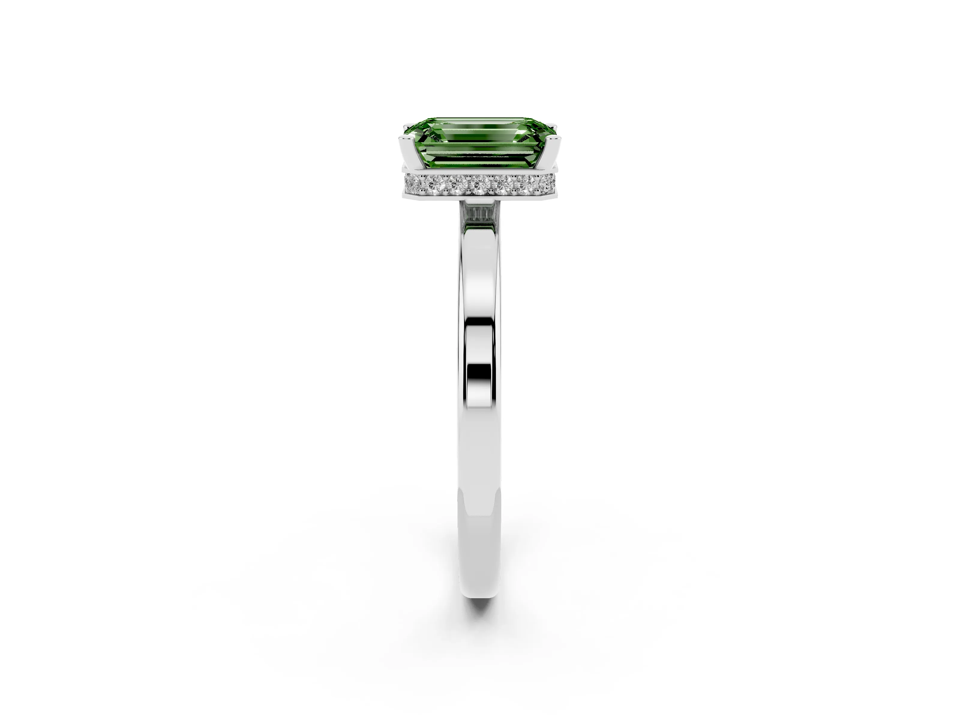 Fancy Green Emerald Cut Diamond Solitaire Engagement Ring Set in Platinum with Prong Setting on a Plain Band